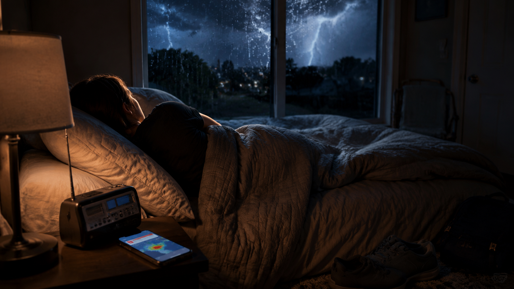 Dimly lit bedroom during a storm with a weather radio, smartphone alerts, shoes, and charger nearby