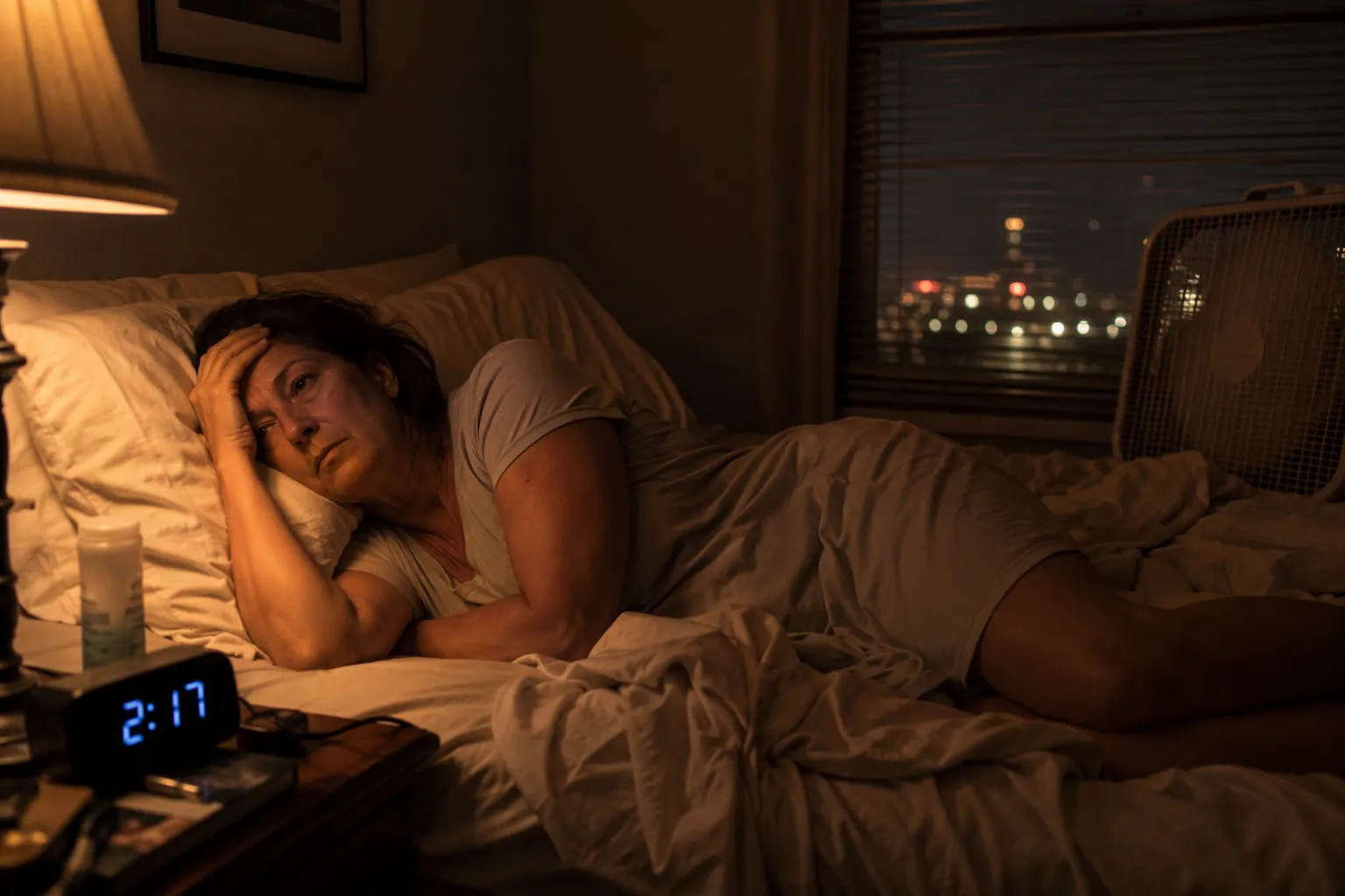 A perimenopausal woman lies awake at 2:17 a.m. during a hot, oppressive heat dome night with a fan pointed at the bed.