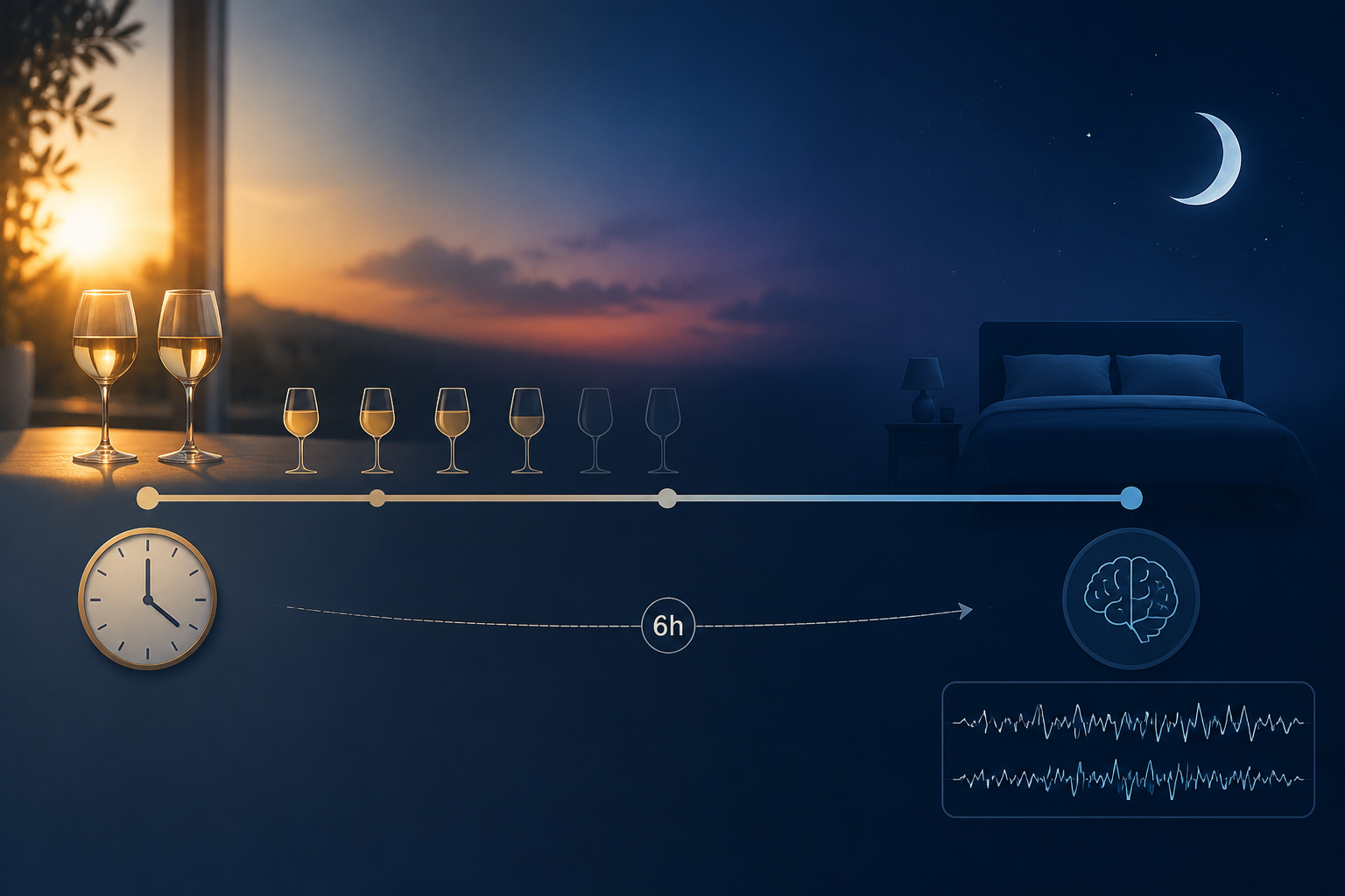 Timeline from afternoon wine glasses to nighttime fragmented brain wave patterns