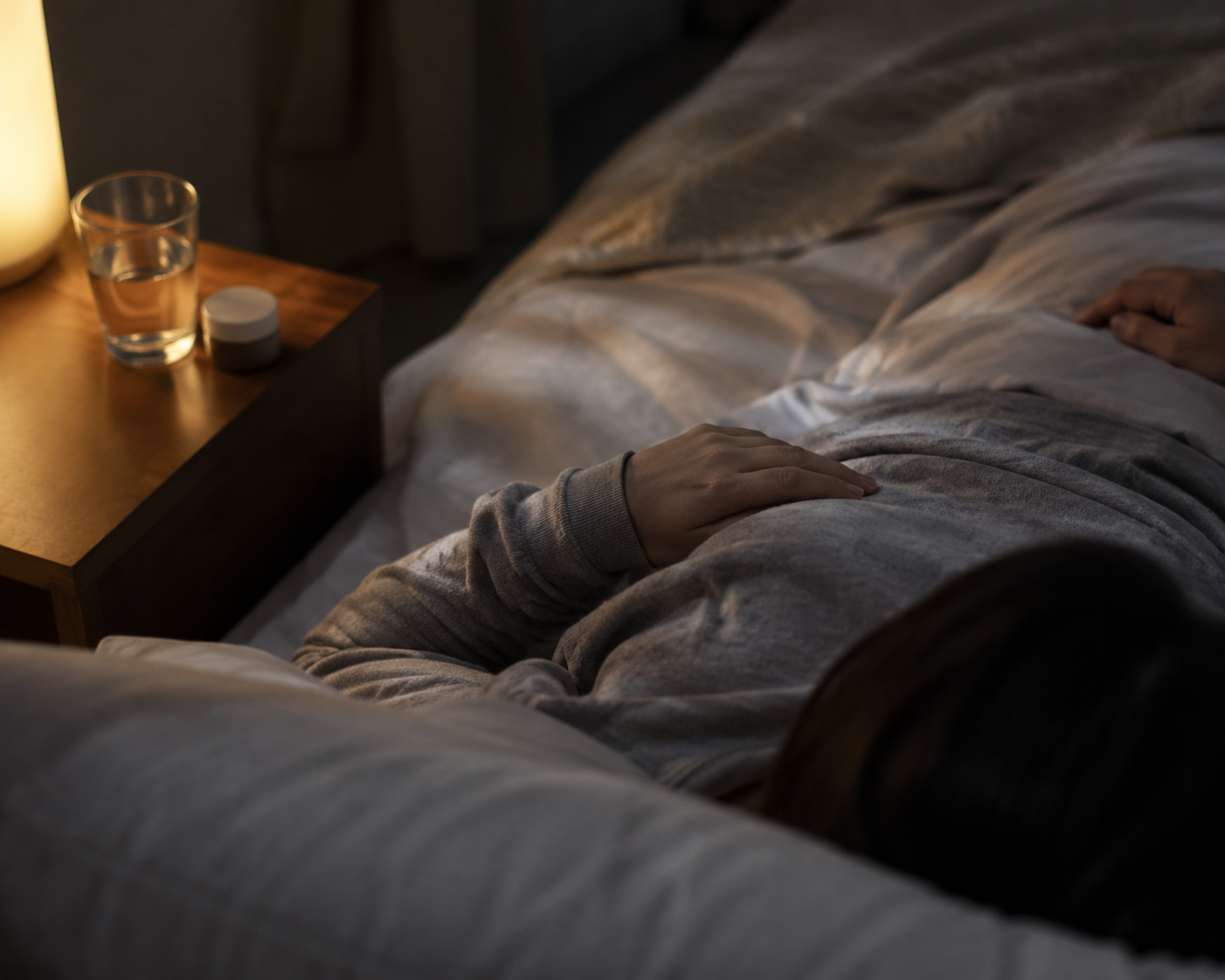 Person lying awake in a dim bedroom during digestive illness recovery