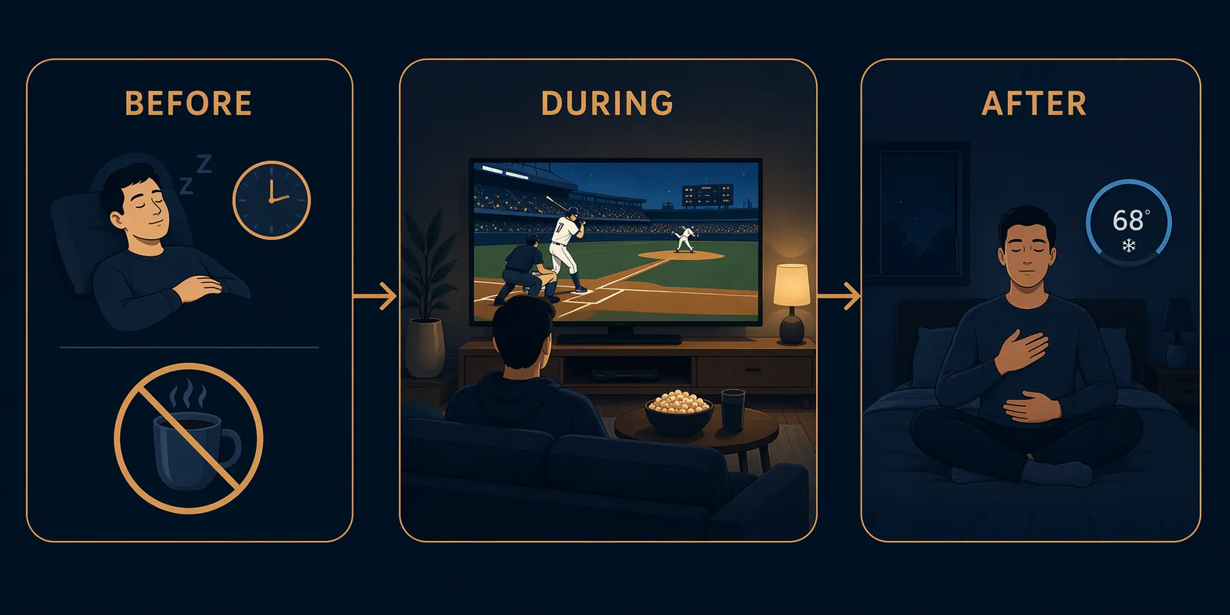 Three-panel illustration of a before-during-after plan for late-night sports viewing with a nap, living-room TV, and dark bedroom