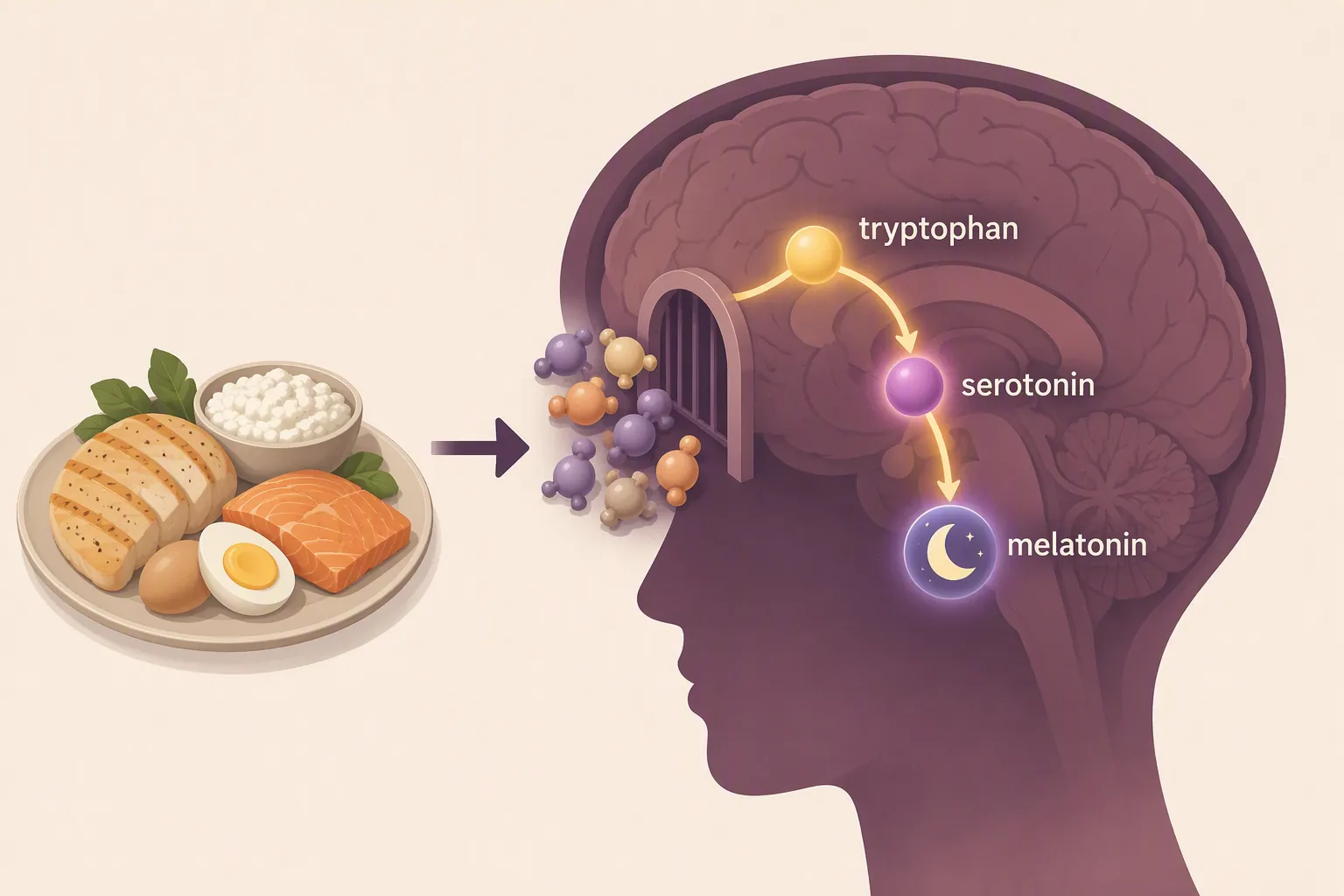 Diagram of protein food leading to tryptophan, serotonin, and melatonin with competing amino acids at the brain entry point