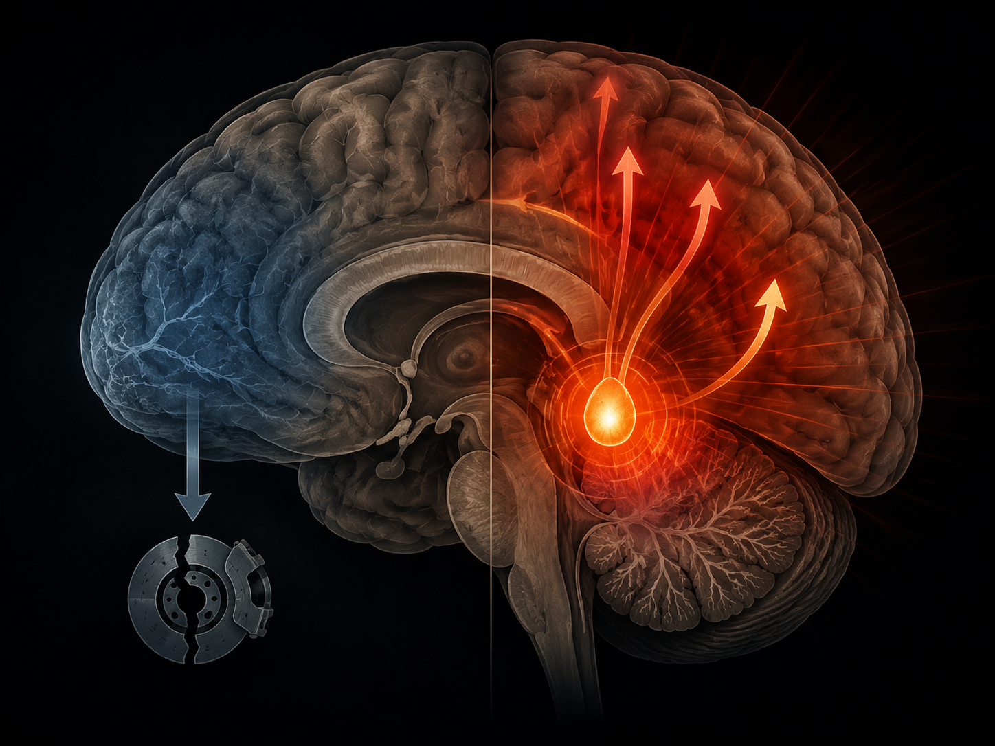 A brain illustration showing a dimmed prefrontal cortex and an overactive glowing amygdala to represent weakened regulation and heightened threat detection