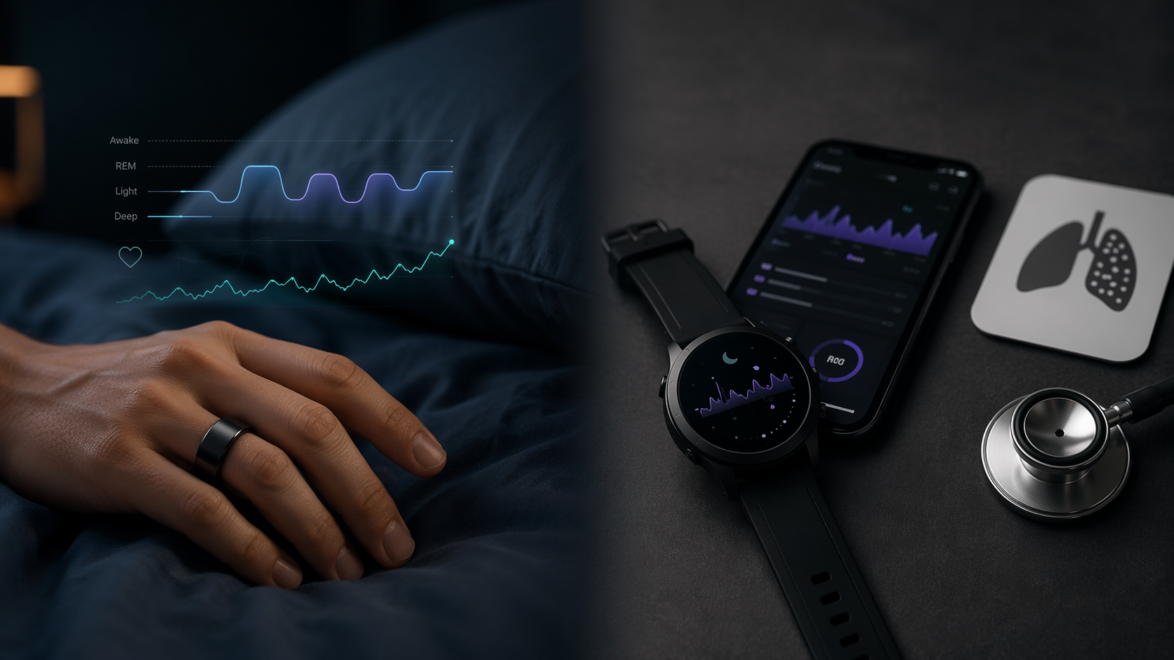 A split decision scene showing a smart ring for deep sleep tracking and a smart watch for apnea screening and daytime use.