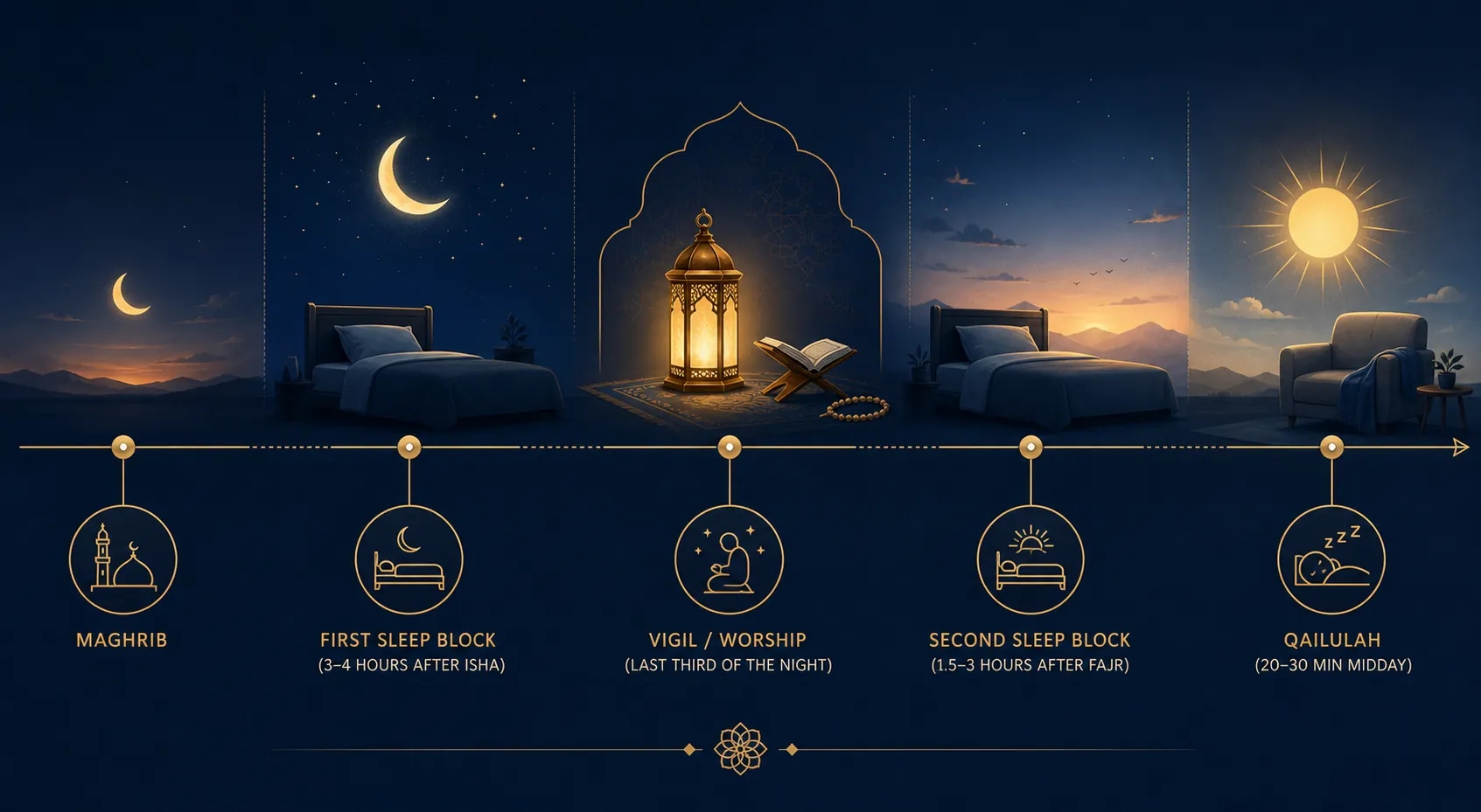 A dark blue and gold timeline showing first sleep after Isha, worship in the last third of the night, second sleep after Fajr, and a midday Qailulah nap