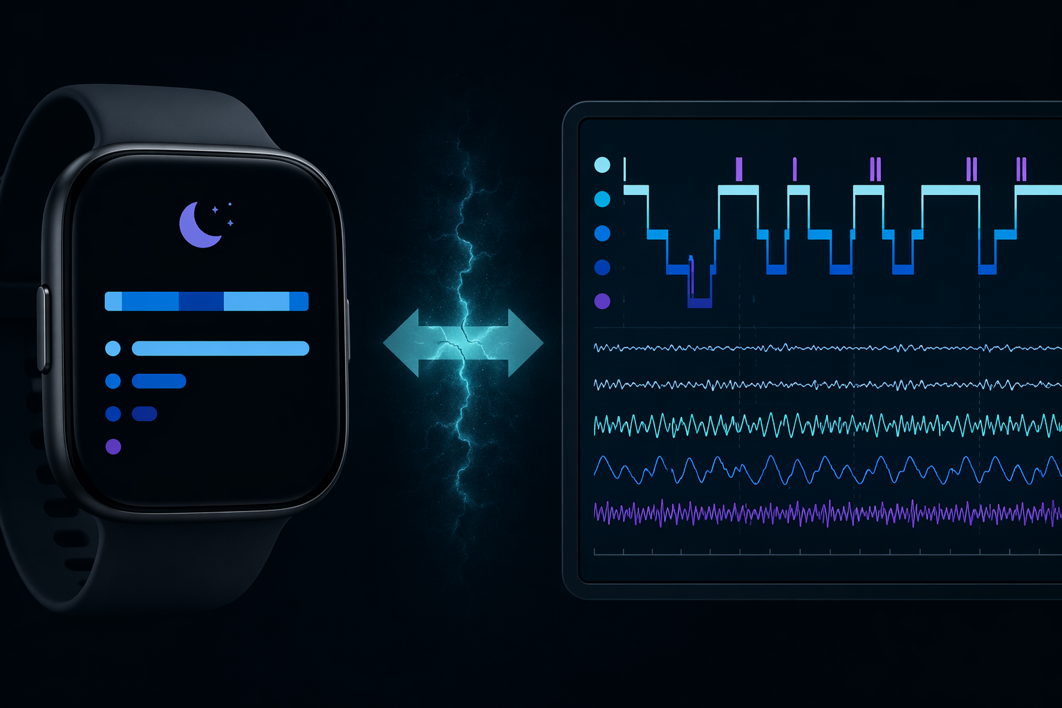 A Fitbit sleep stage chart compared with a clinical PSG brain wave readout, highlighting a gap between consumer stage estimates and lab measurement