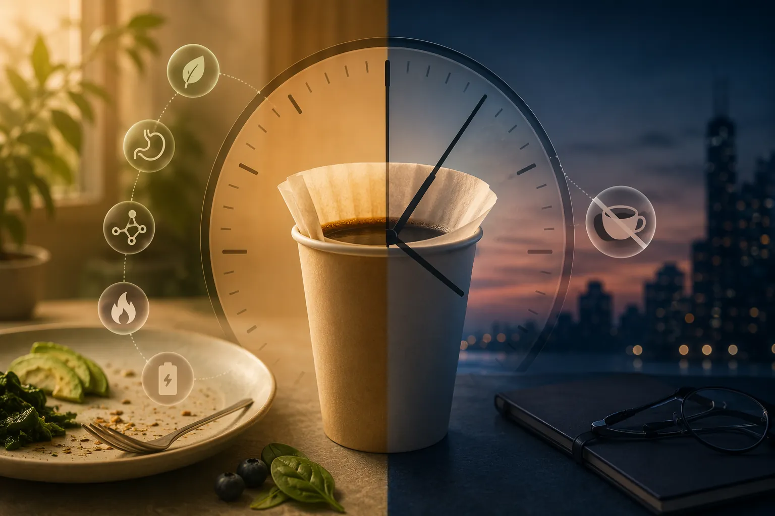 Paper-filter coffee cup with clock elements showing a warm morning meal side and a cool evening sleep side