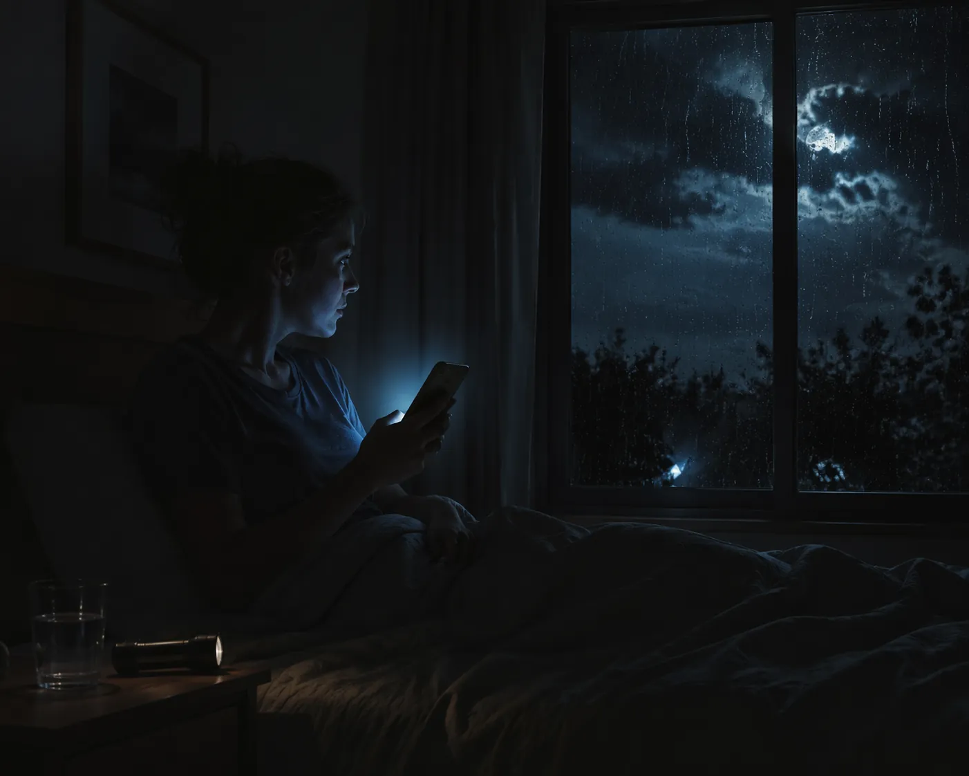 A person sits upright in a dim bedroom after a storm, holding a glowing phone beside a rain-streaked window.