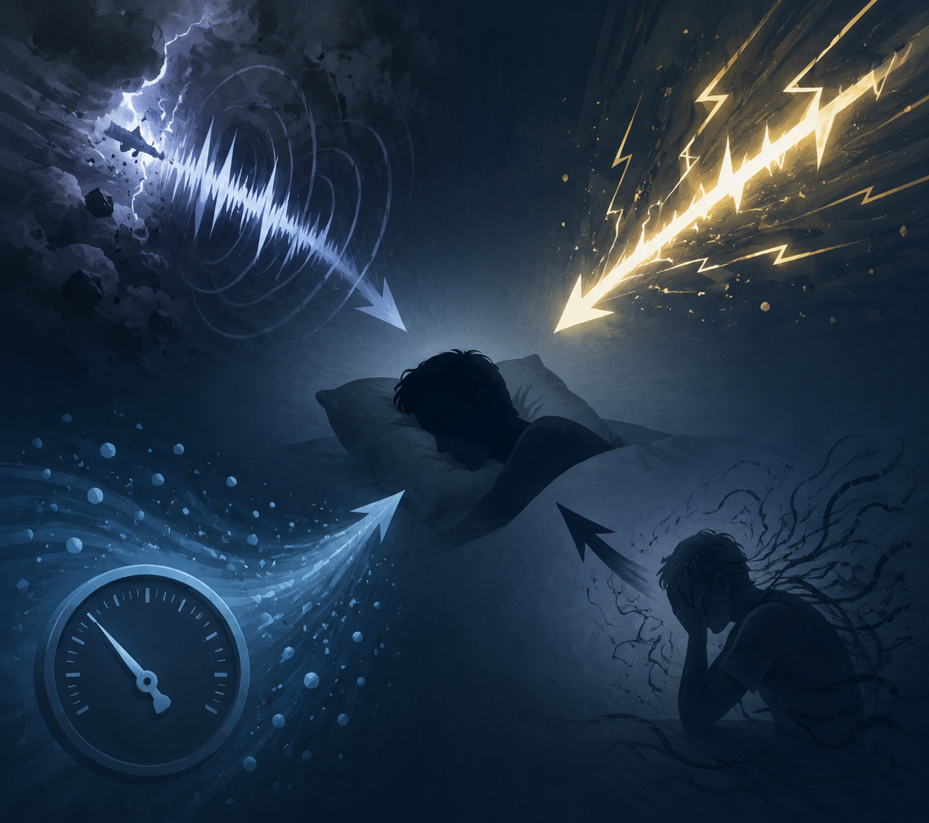 Conceptual illustration of thunder sound, lightning, falling barometric pressure, and storm anxiety converging on a sleeping person