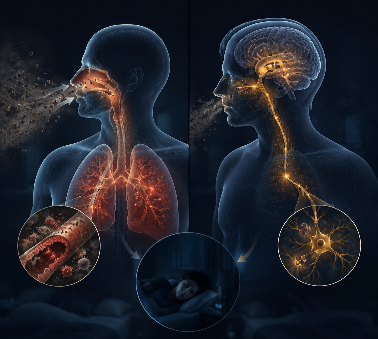 Scientific illustration of respiratory and central nervous system pathways from inhaled pollutants