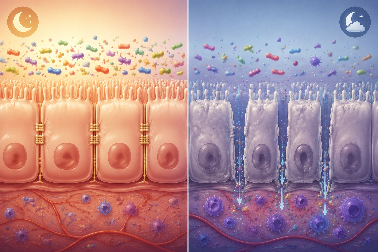 Split illustration comparing an intact intestinal lining with a disrupted gut barrier