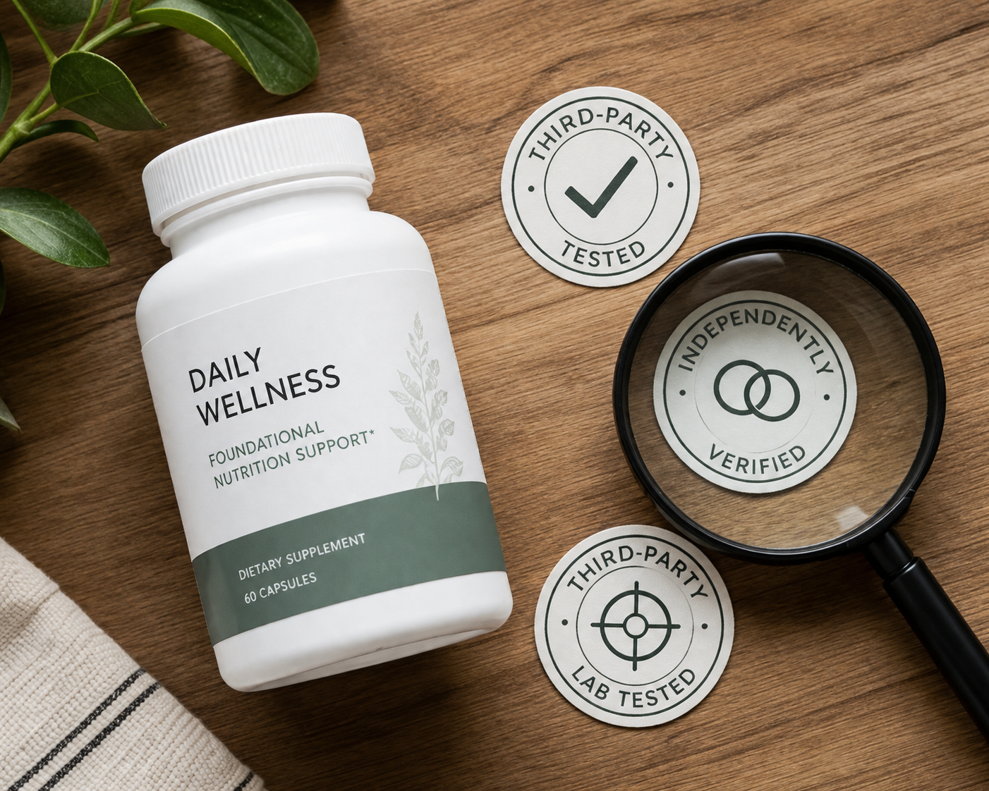 Supplement bottle beside verification-style seals and a magnifying glass