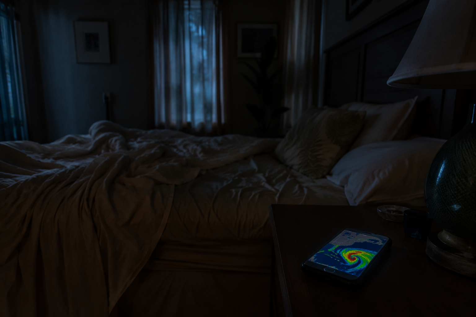 Dimly lit Florida bedroom with tossed sheets and a phone showing tropical weather radar