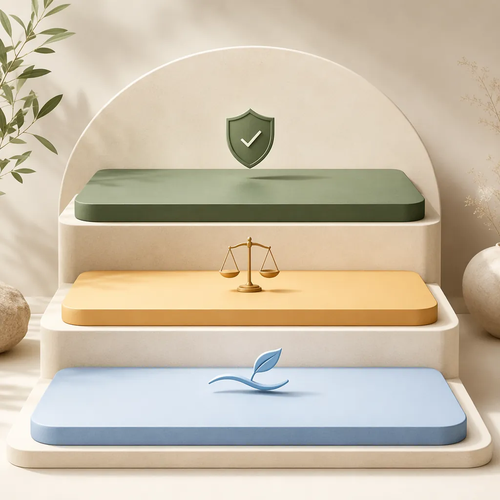 Minimal three-tier evidence ranking graphic with shield, scale, and wave icons
