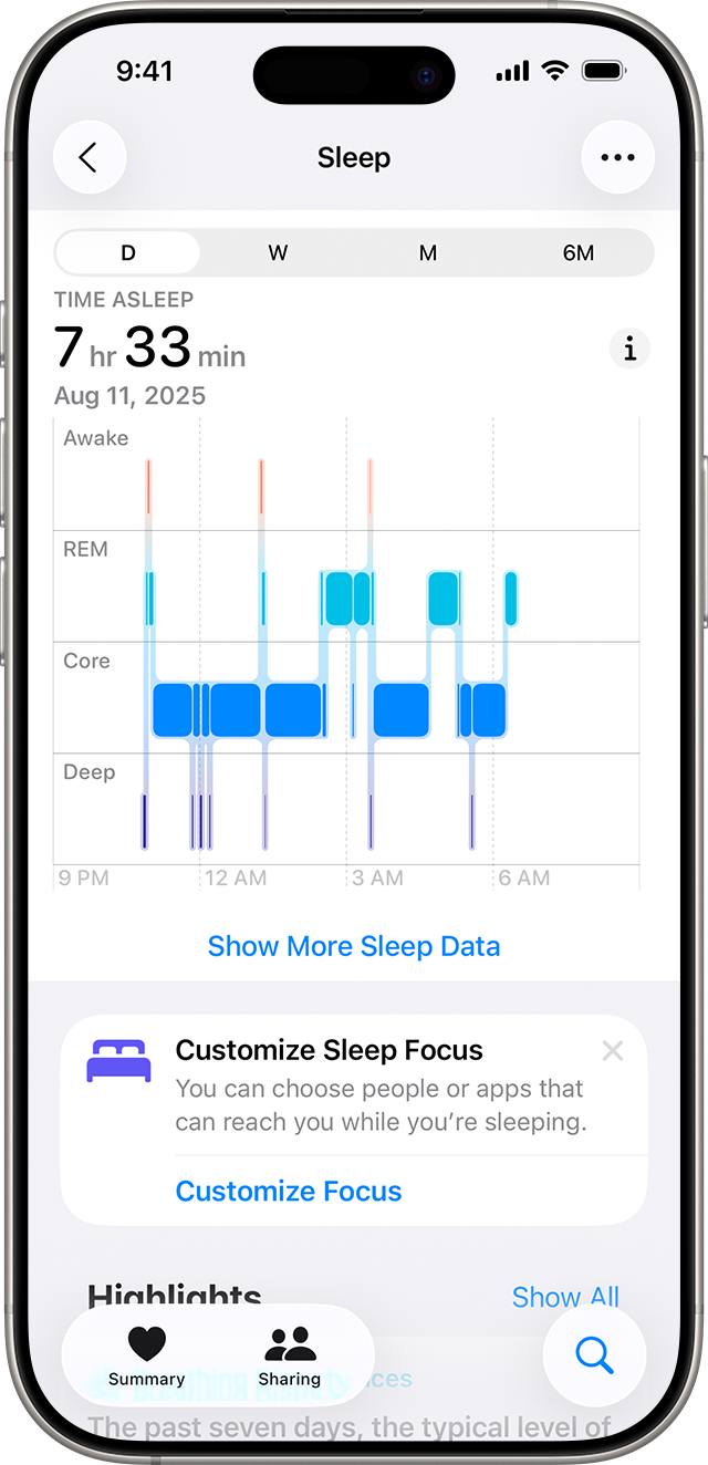 Apple Health sleep history screen showing Awake, REM, Core, and Deep sleep stages