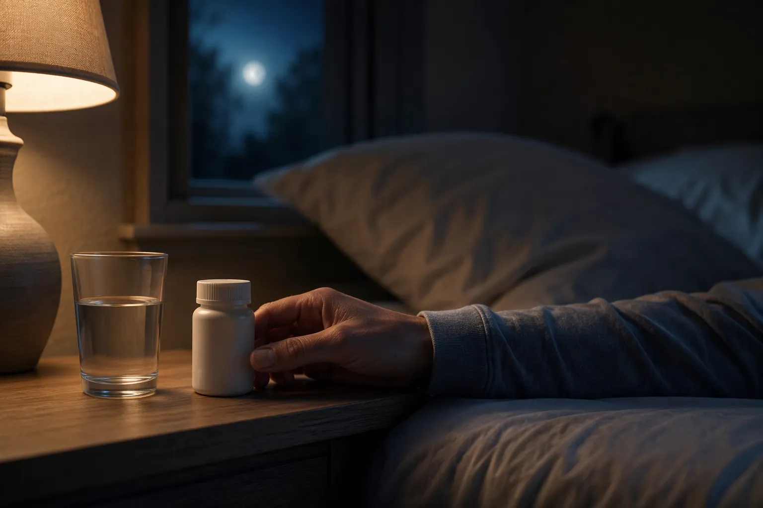 Levothyroxine bottle and glass of water on a bedside table in a quiet bedroom at night