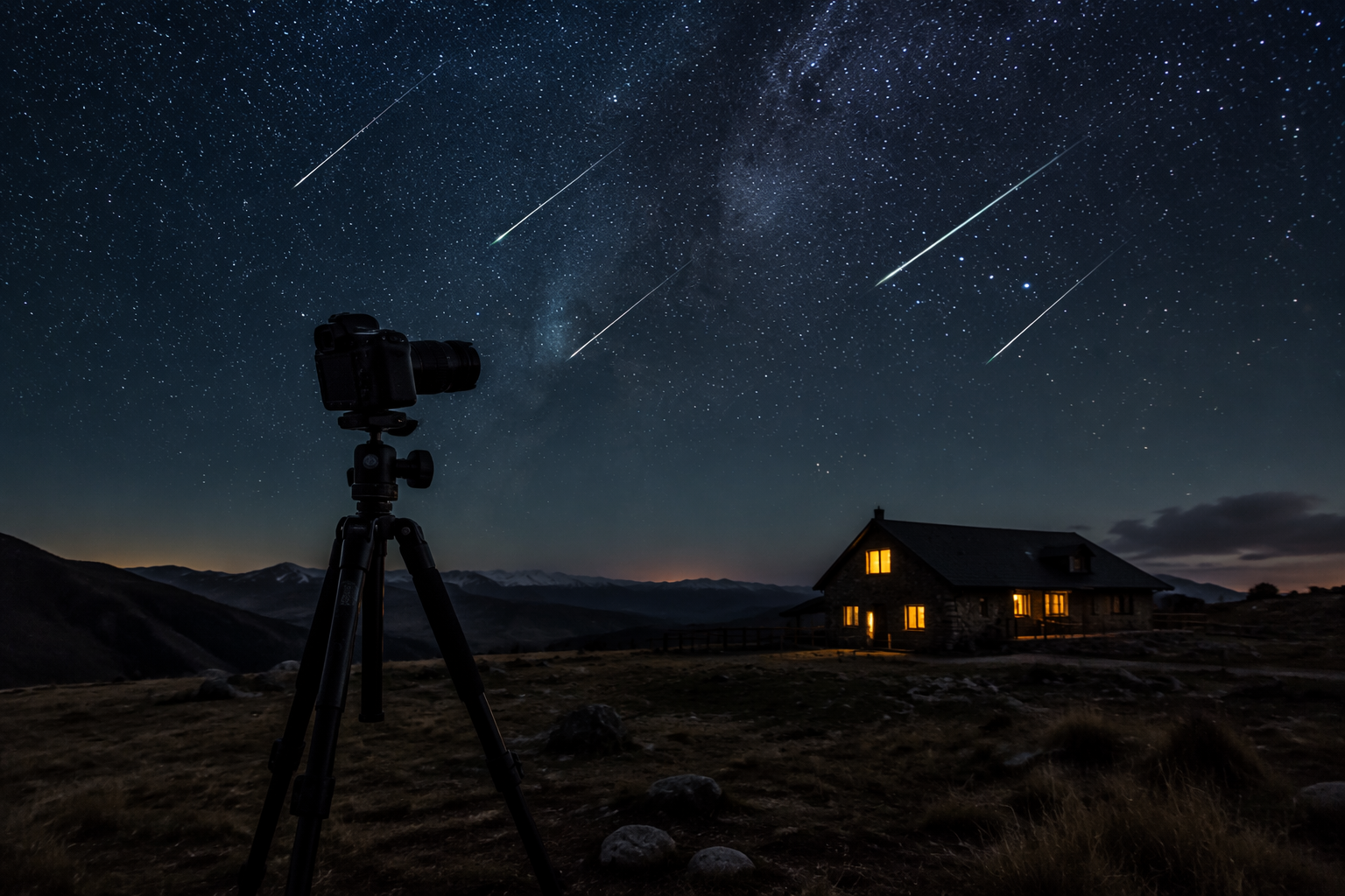 A DSLR camera on a tripod under a meteor-filled night sky while a nearby house glows in the background