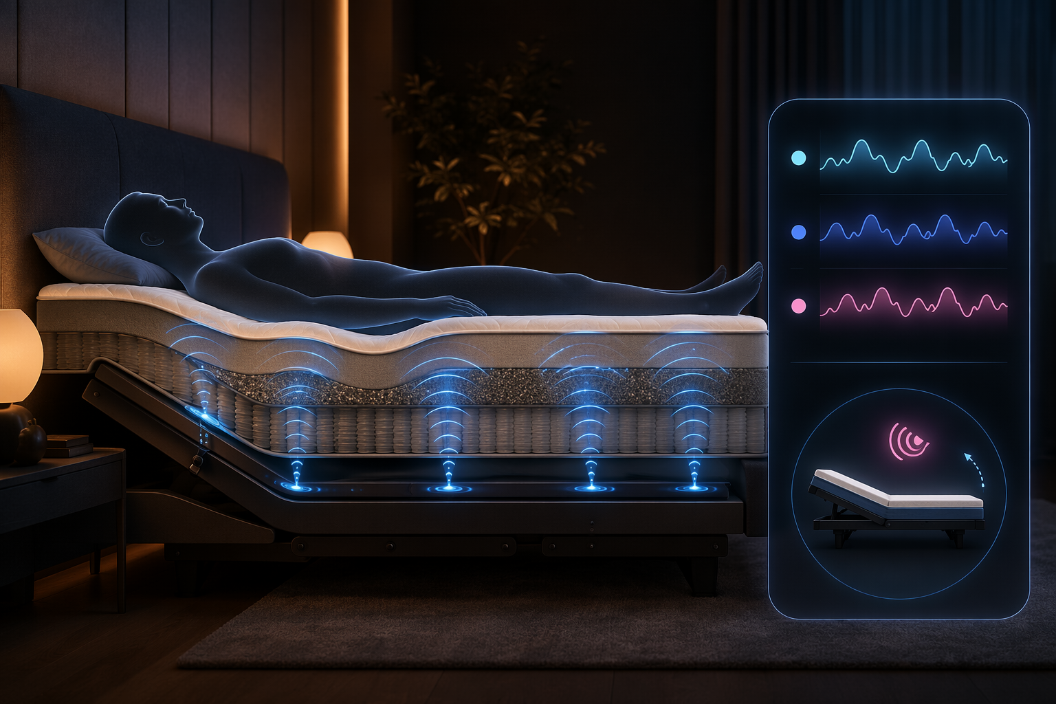 Mattress on an adjustable base with sleep-tracking sensor lines and a snore response icon