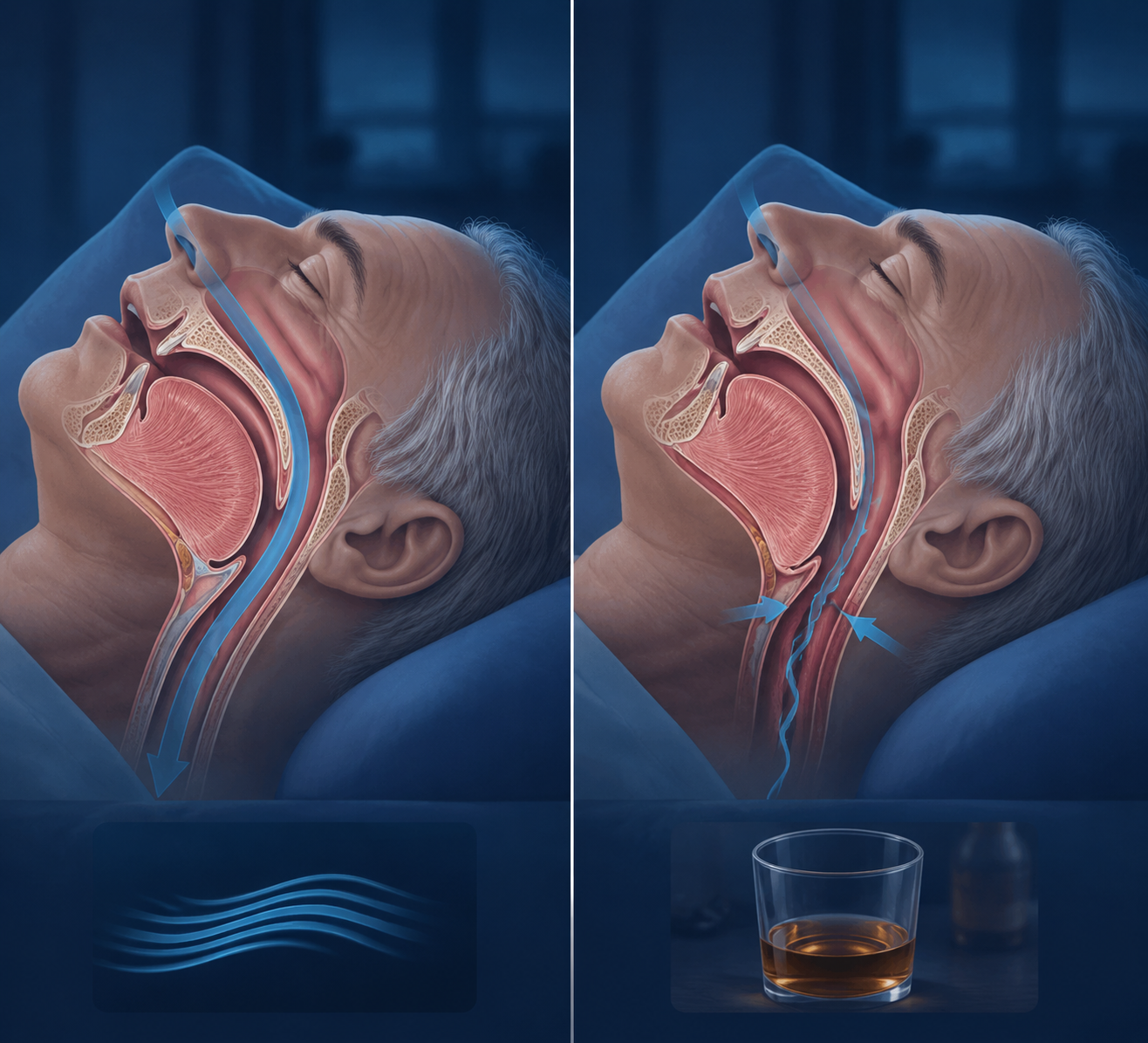 Medical-style comparison of an open upper airway and a narrowed airway during sleep, illustrating alcohol-related worsening of airflow