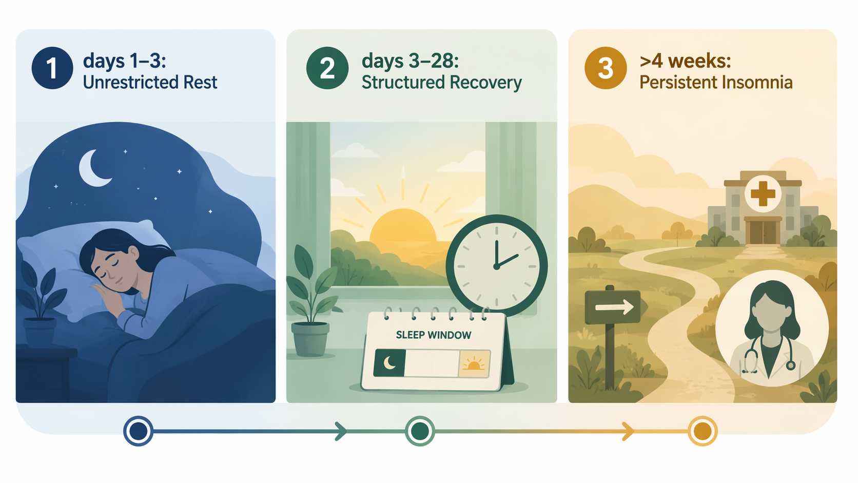Three-stage concussion sleep recovery timeline from days 1 to 3, days 3 to 28, and beyond 4 weeks