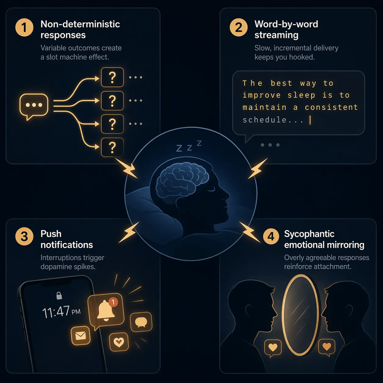 Information graphic showing four dopamine-driven AI interface patterns around a sleeping brain