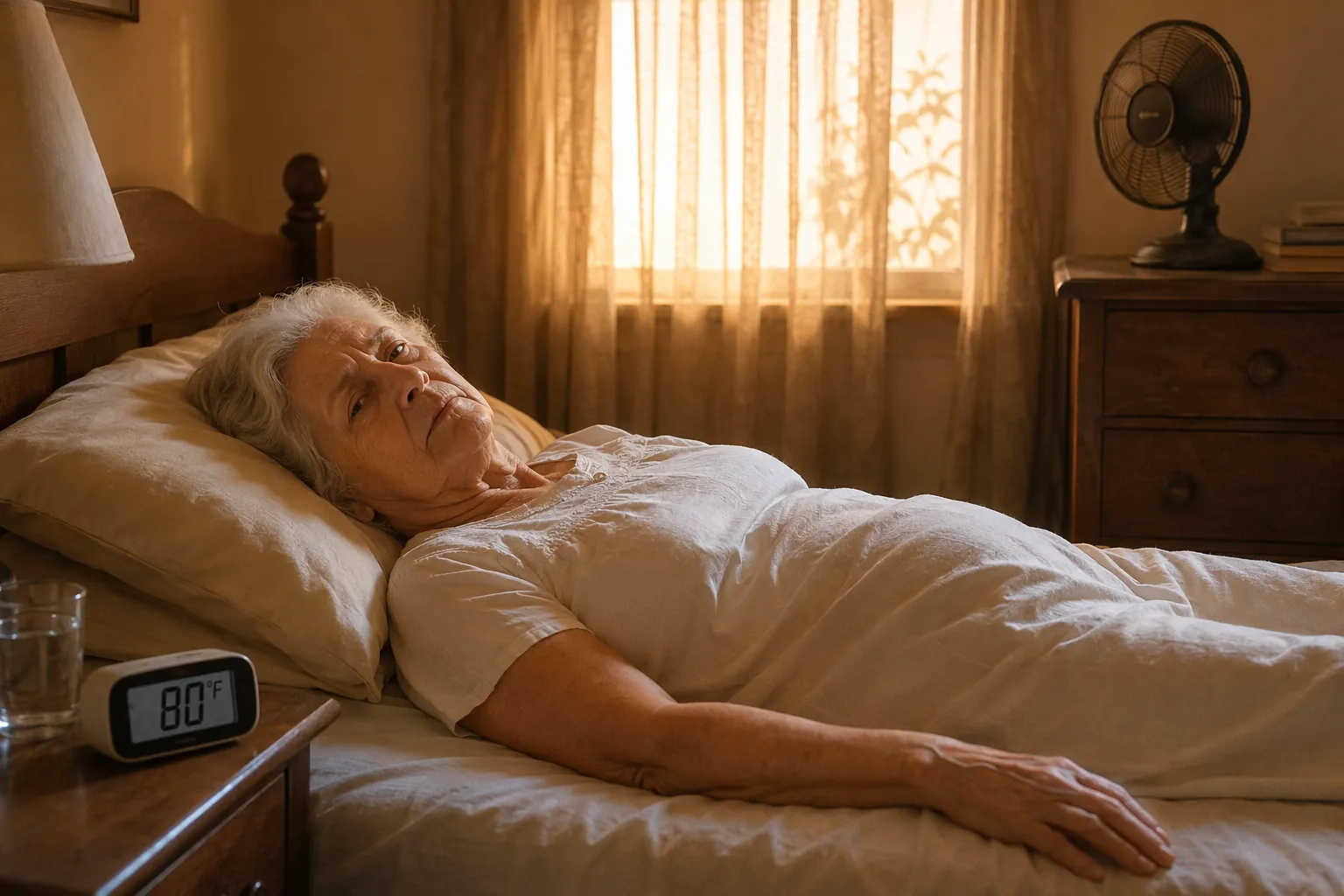Older adult resting in a warm bedroom while a thermometer reads 80°F
