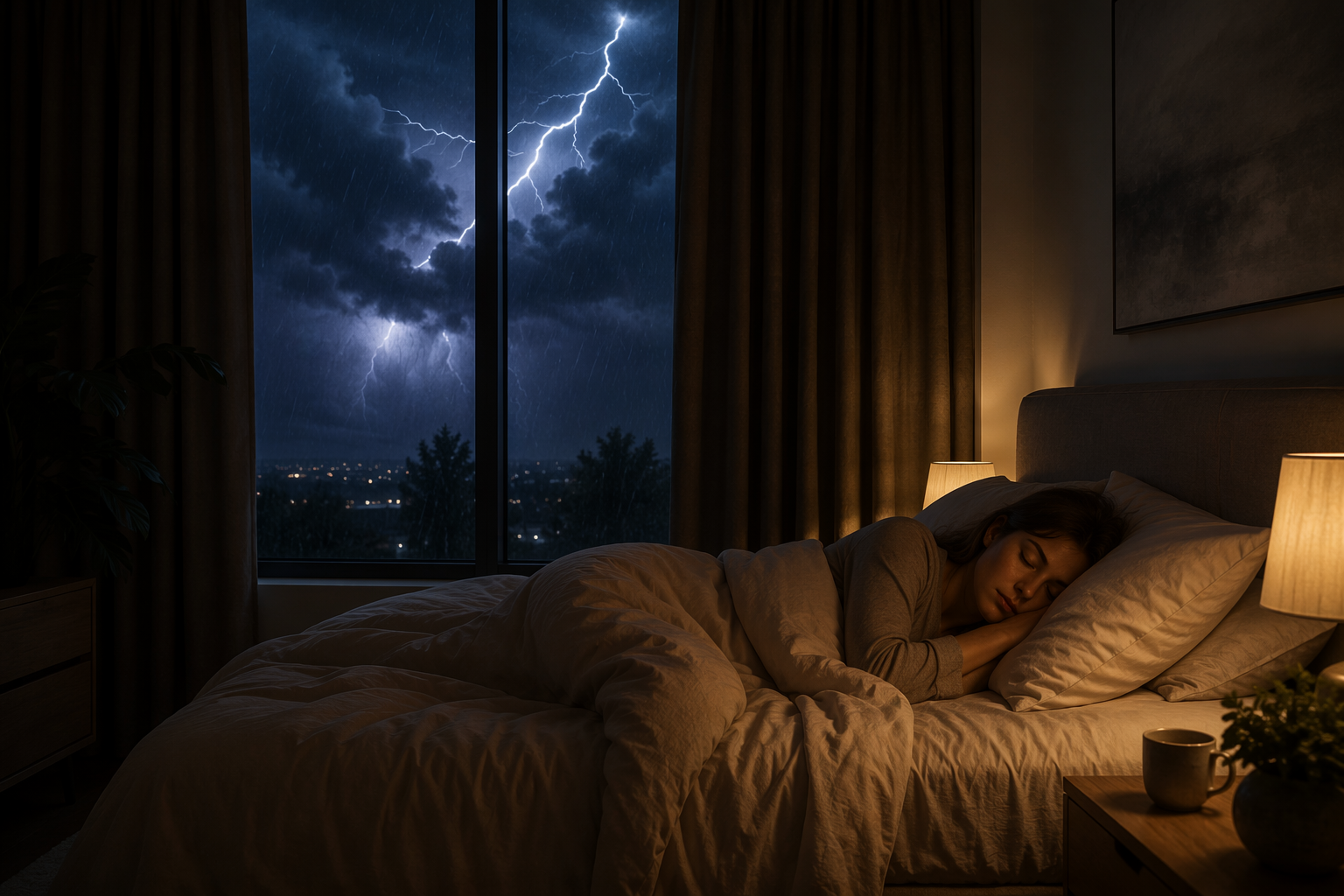 Dim bedroom with blackout curtains while lightning and rain appear outside the window