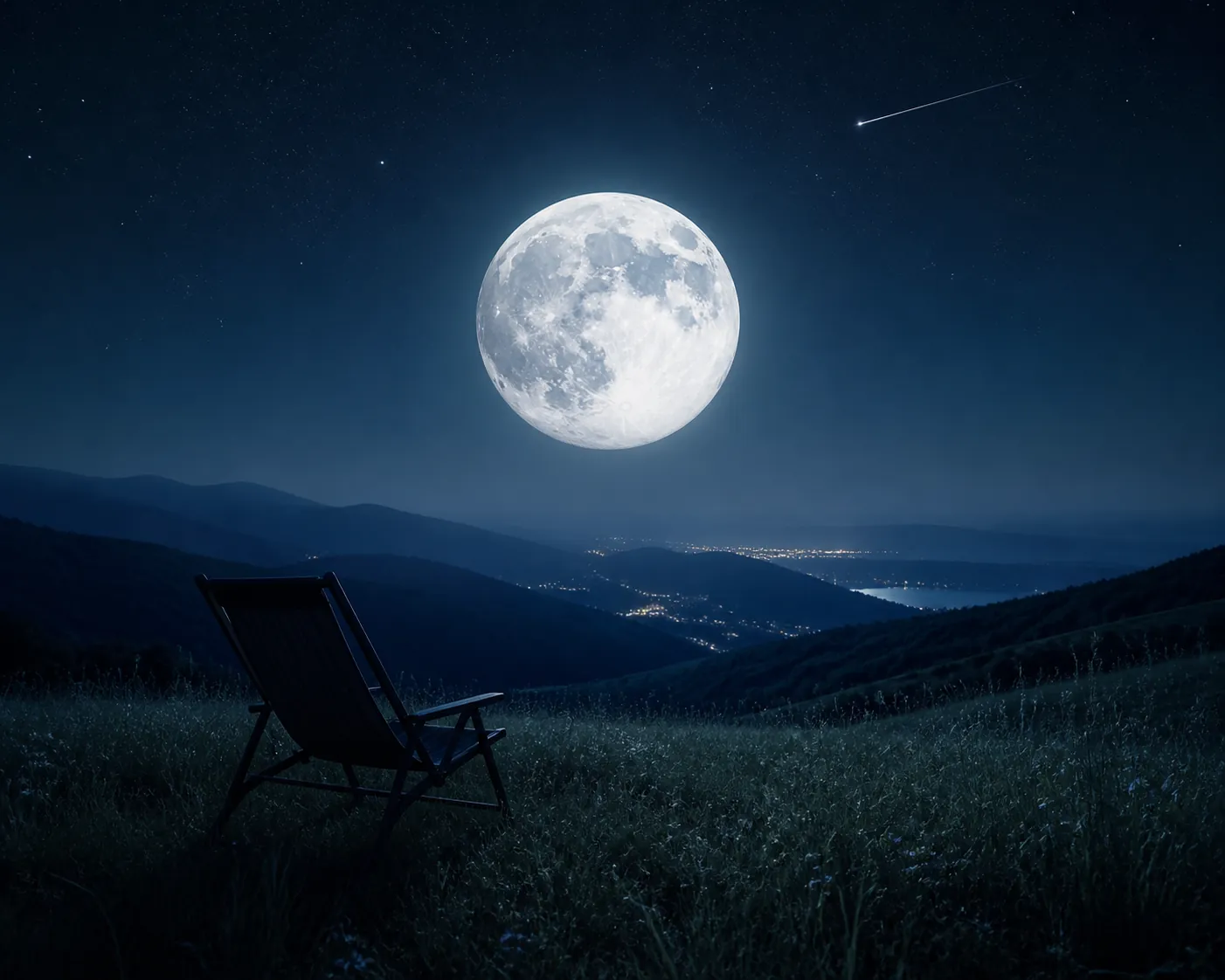 Bright full moon over a grassy hillside with a faint meteor and an empty reclining chair
