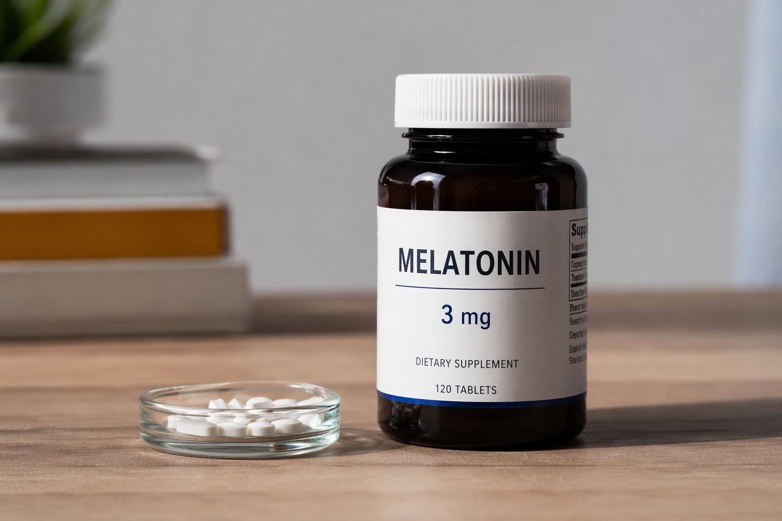 Melatonin bottle labeled 3 mg next to loose tablets on a wooden surface