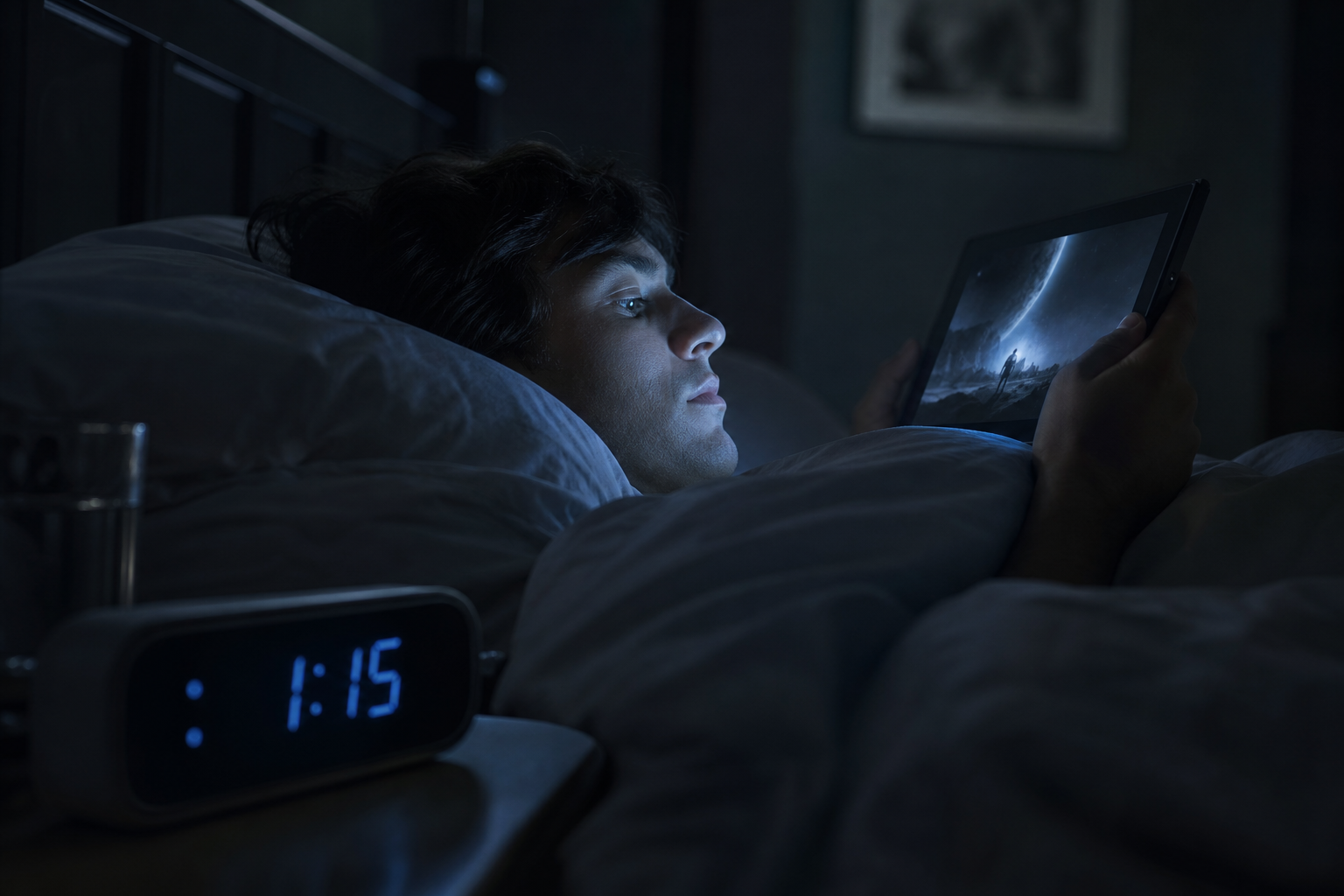 A person watching a sci-fi scene in bed late at night while a bedside clock reads 1:15 AM
