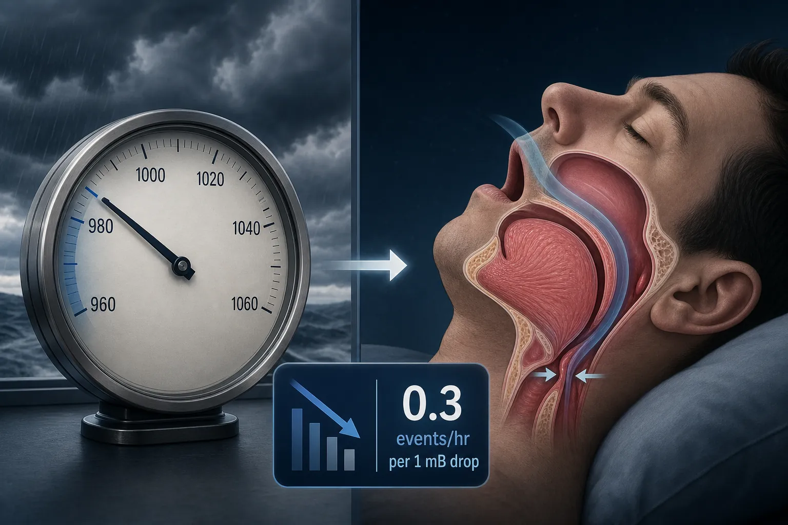 Barometer falling beside a narrowed sleeping airway with 0.3 events per hour per 1 millibar drop