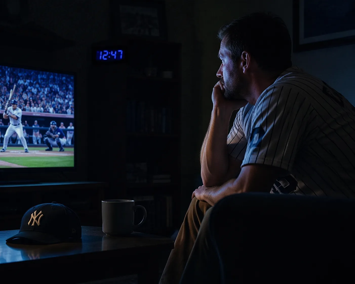 A baseball fan watching a late-night game in a dim living room as a digital clock reads 12:47 AM