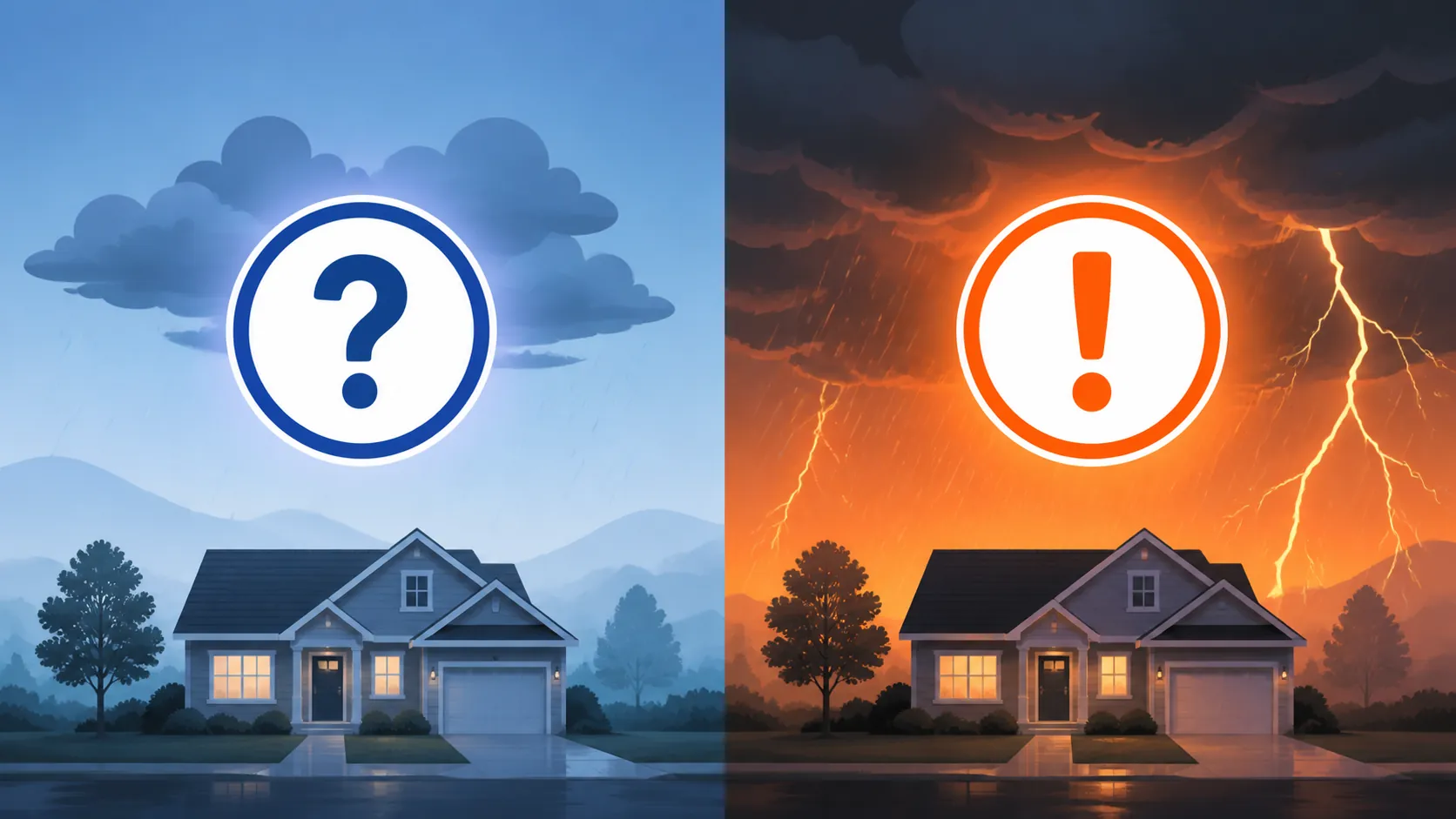 Illustration comparing a weather watch with a weather warning using house and storm icons