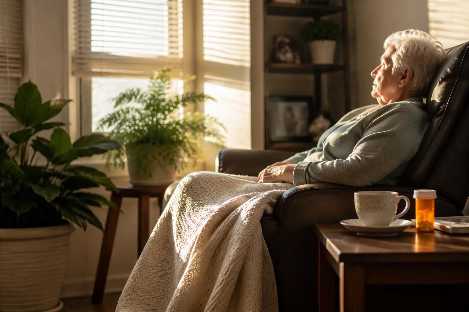 An older adult rests under a blanket in a reclining chair beside a sunny window during post-illness recovery