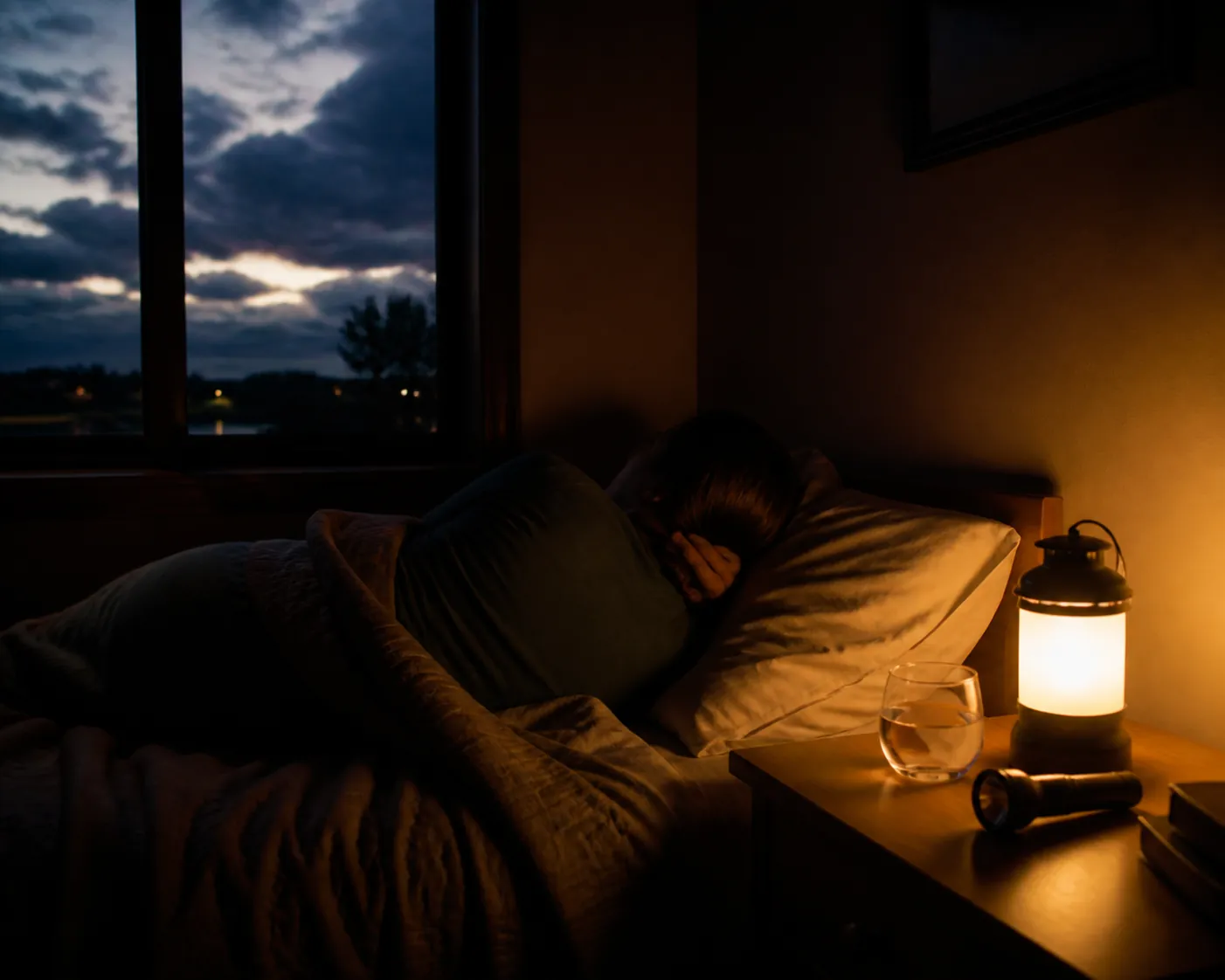 A dim bedroom after a storm with a person awake beside a battery lantern, flashlight, and glass of water