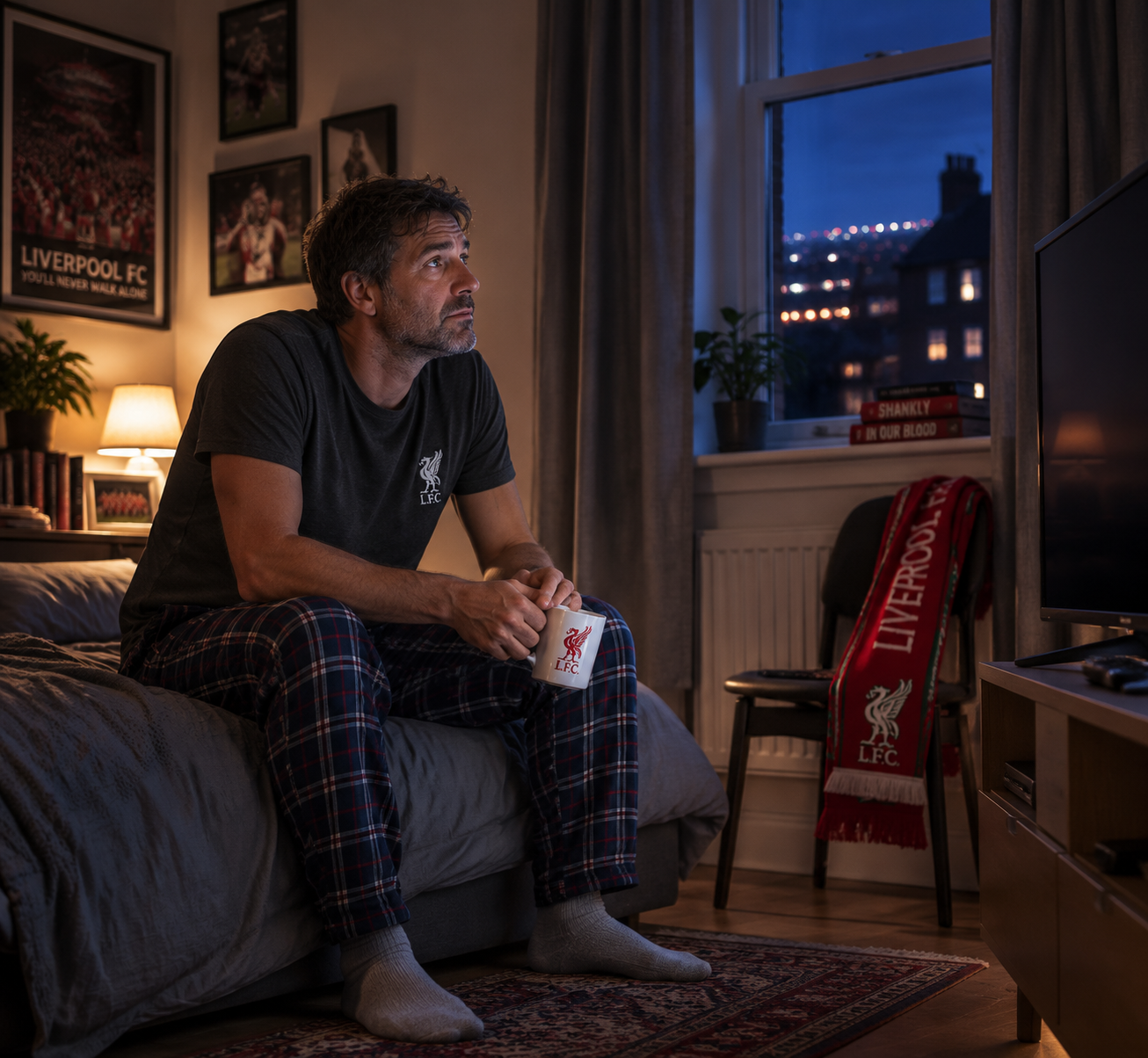 A man sits on the edge of a dim bedroom after a late soccer match with a dark TV screen, soccer scarf, warm lamp light, and cool night sky.