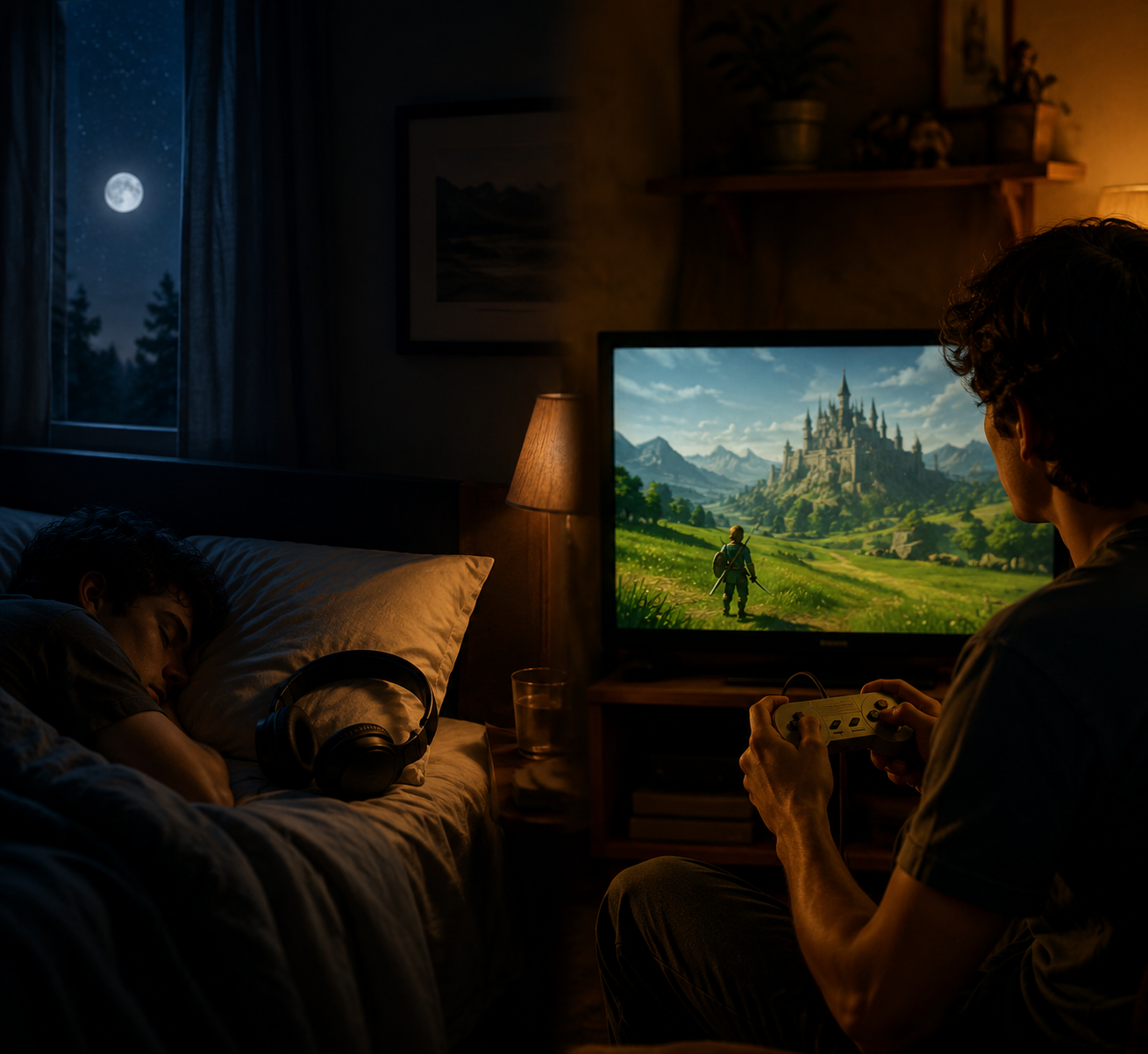 Split bedroom scene showing headphones on a pillow for wind-down and a retro controller in TV glow for active play