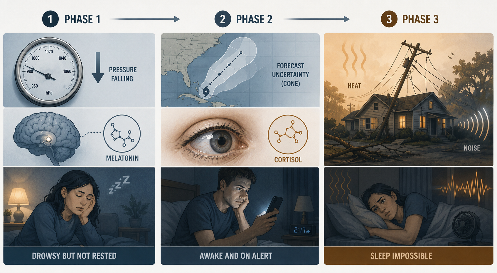 Diagram of storm-related sleep disruption moving from falling pressure to forecast uncertainty to power loss, heat, humidity, and noise