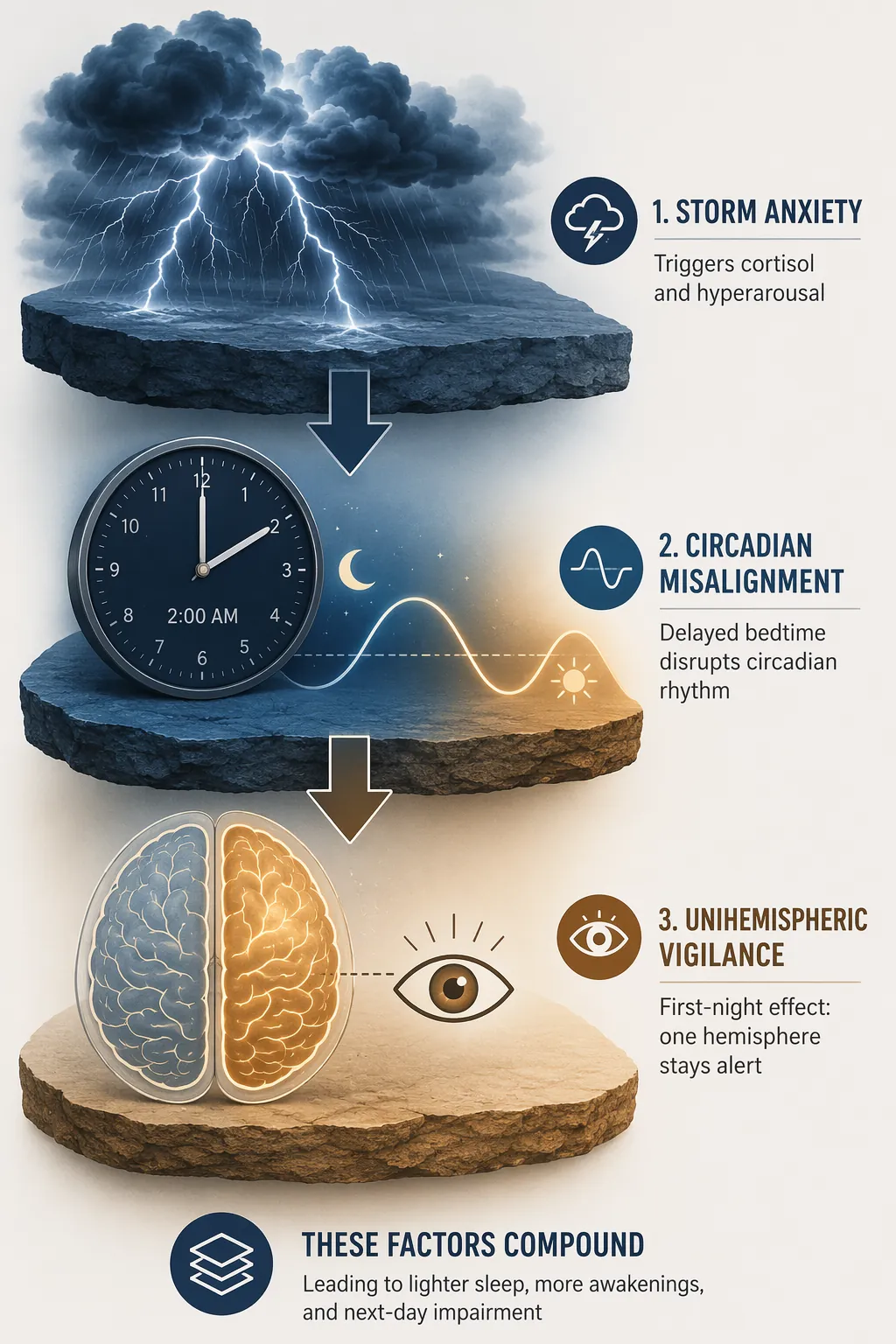 Editorial illustration of storm anxiety, a delayed circadian clock, and first-night brain vigilance stacked as a cascade