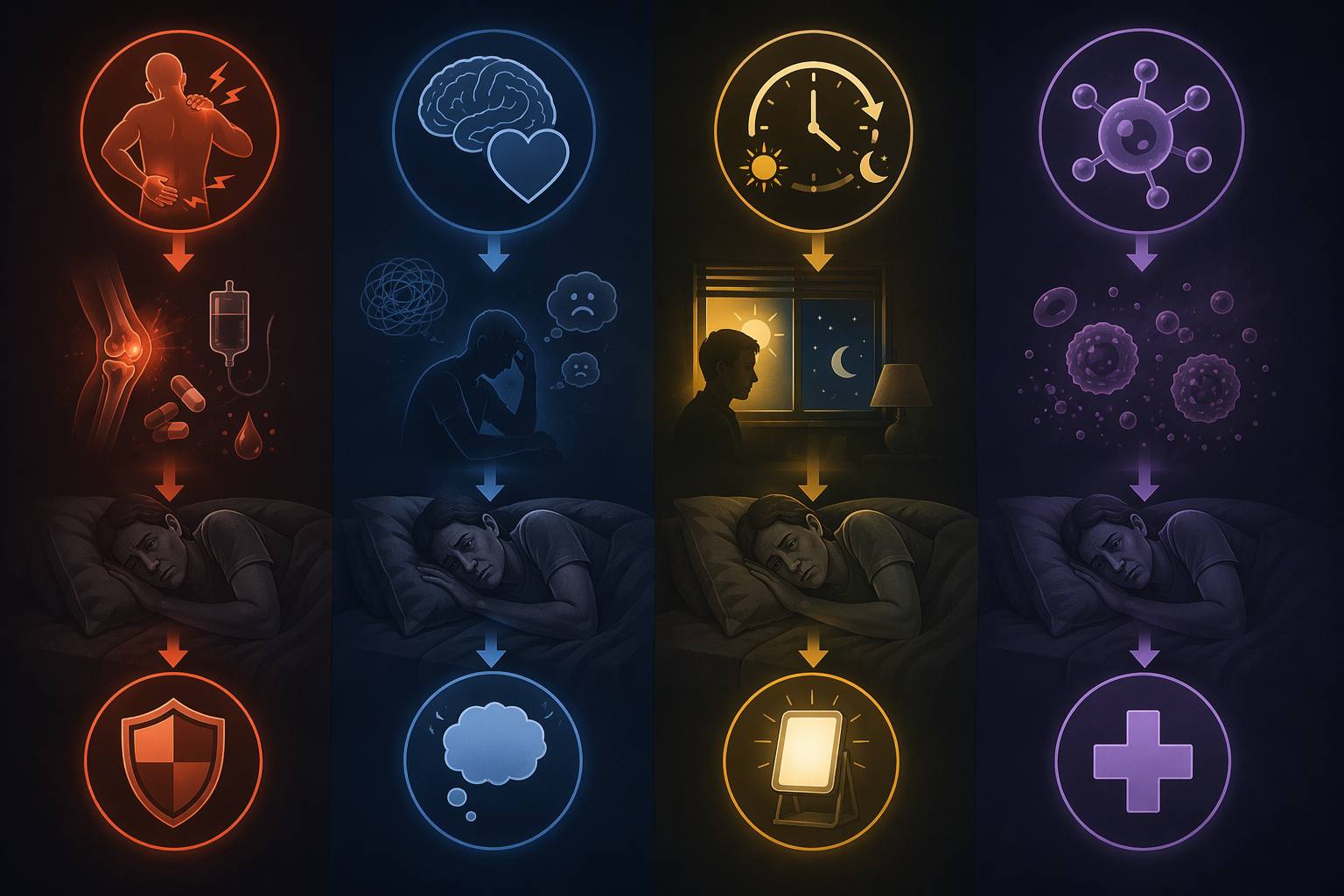 A four-column diagram matching physiological, psychological, circadian, and inflammatory sleep pathways to intervention categories