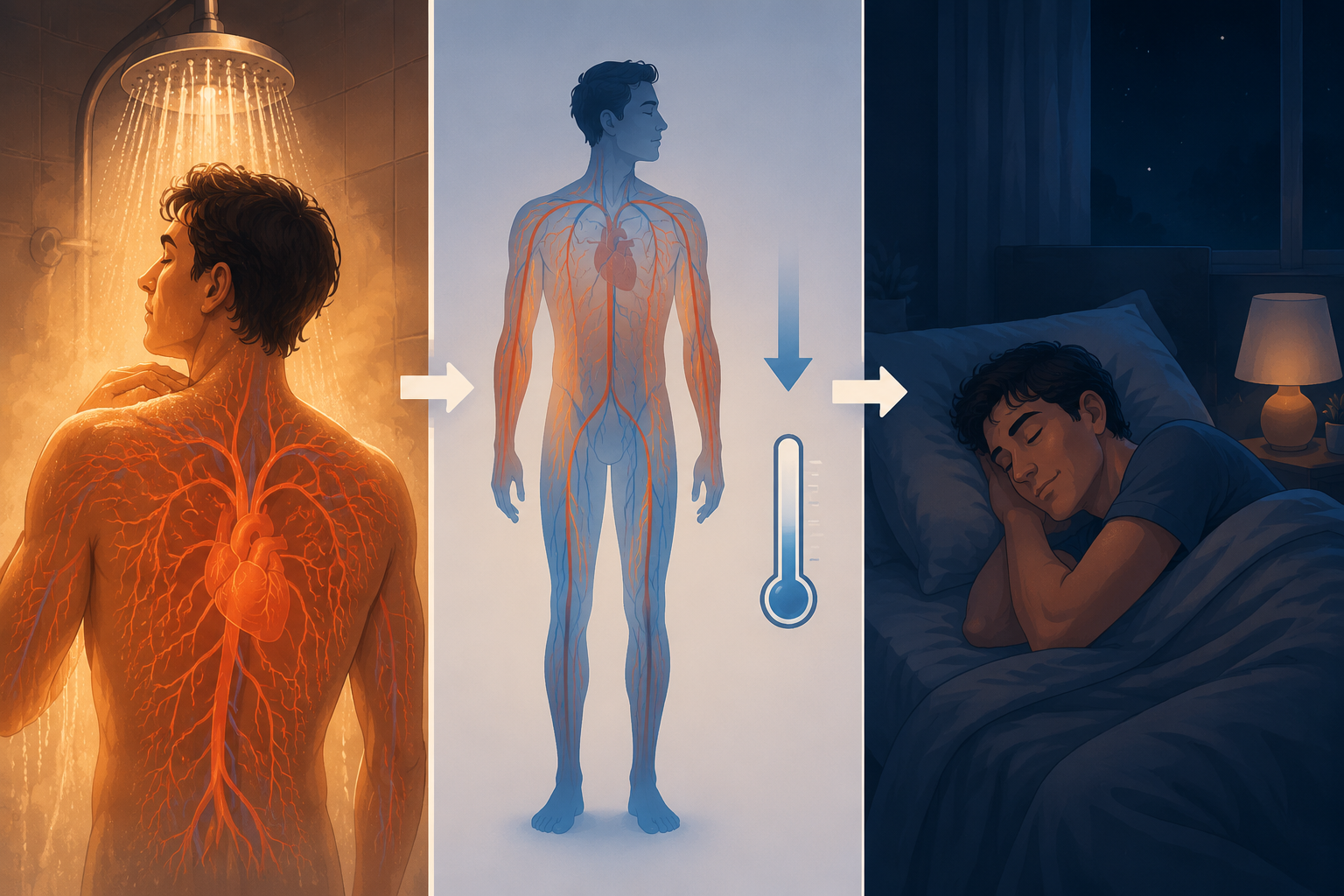 Educational illustration of a warm shower causing vasodilation and a later drop in core body temperature before sleep