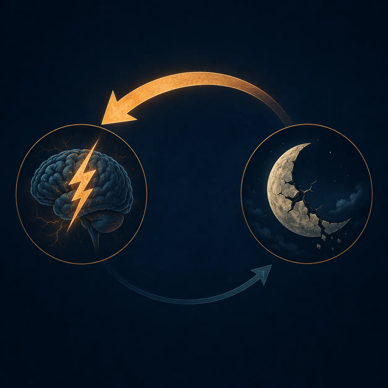 Diagram showing a feedback loop between sleep disturbance and brain hyperarousal with a stronger arrow from poor sleep toward hyperarousal