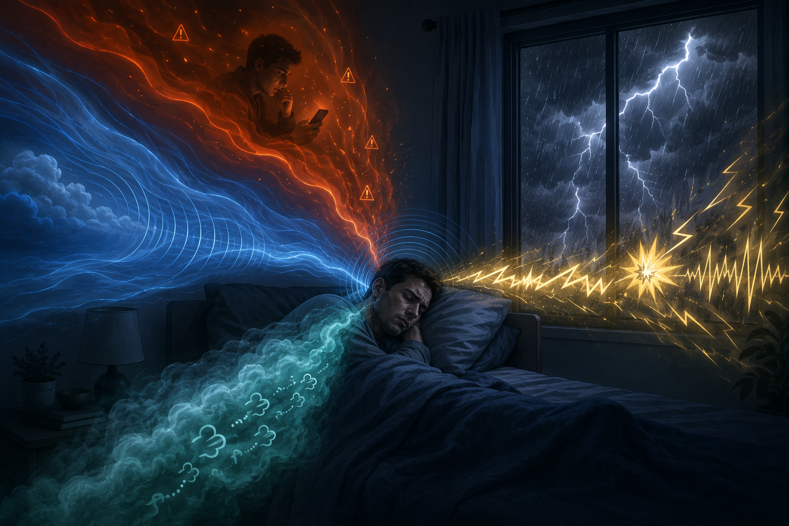 Illustration of four storm-related pathways affecting a sleeping person: pressure, alerts, sound and light, and humid breathing load