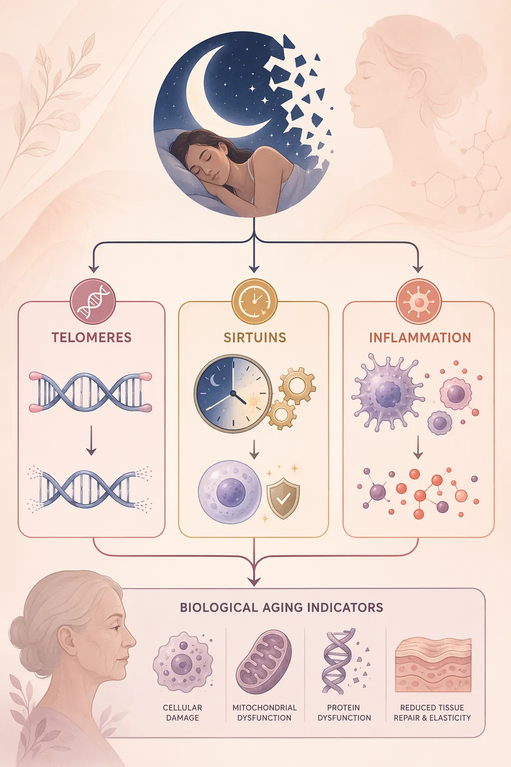 Scientific diagram of fragmented sleep leading to telomere shortening, disrupted sirtuin activity, and increased inflammation
