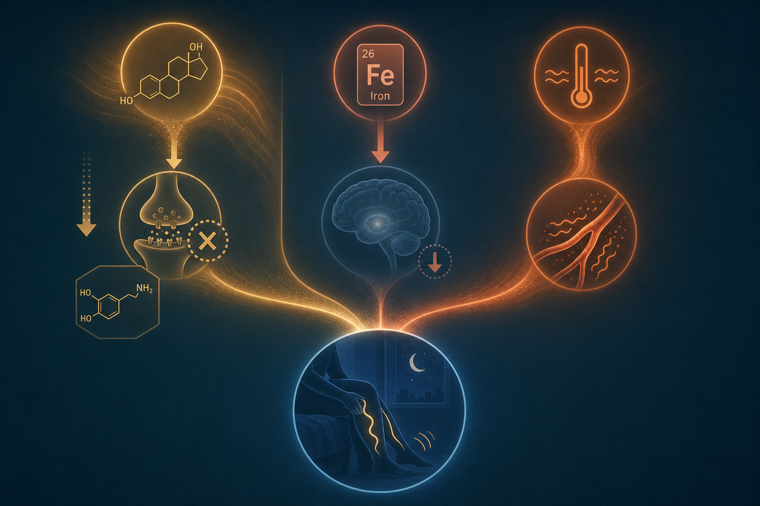 Editorial diagram showing three glowing pathways — estrogen-to-dopamine disruption, low iron to diminished brain dopamine, and vasomotor heat disruption — converging into a central restless leg at night.