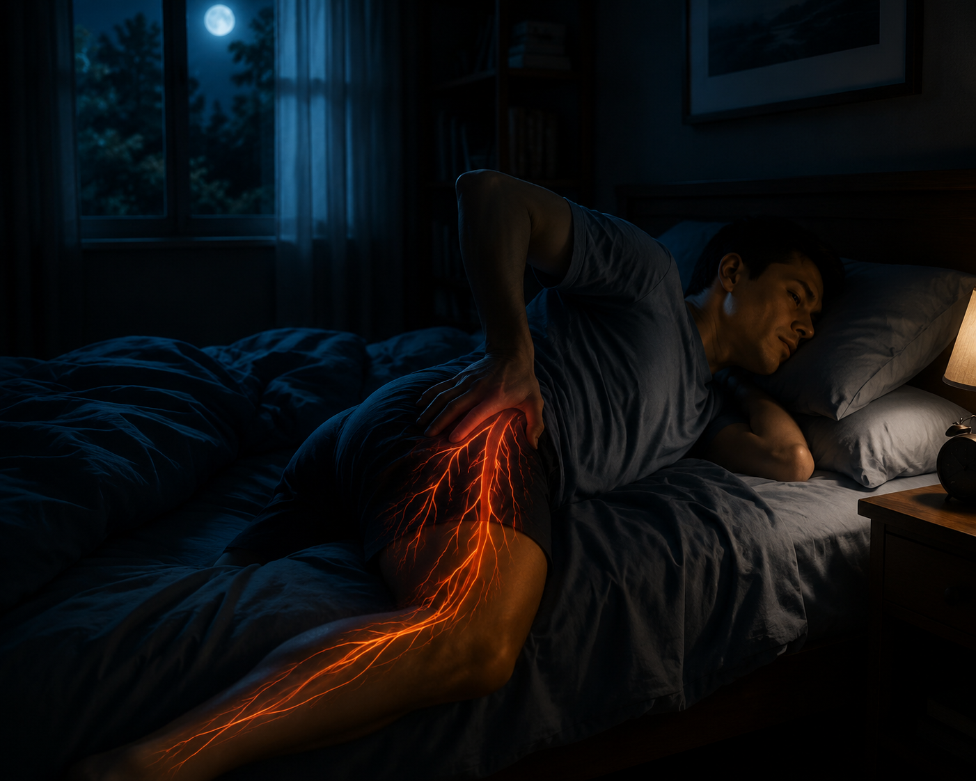 Person lying awake at night with radiating sciatic nerve pain down one leg