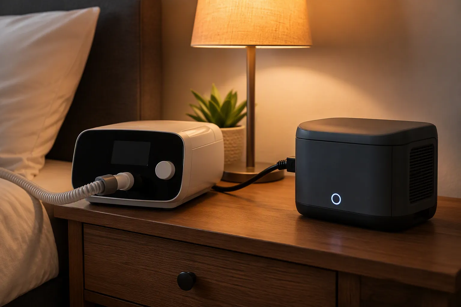 CPAP machine connected to a compact portable battery power station on a nightstand