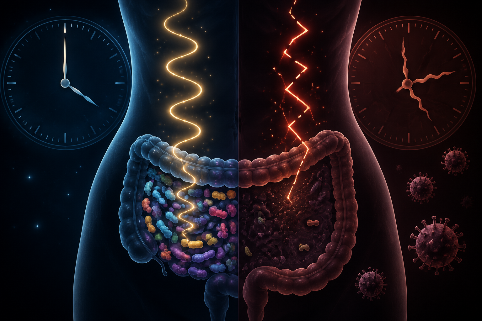 Split illustration comparing a healthy gut microbiome with a depleted post-norovirus gut and disrupted circadian signaling