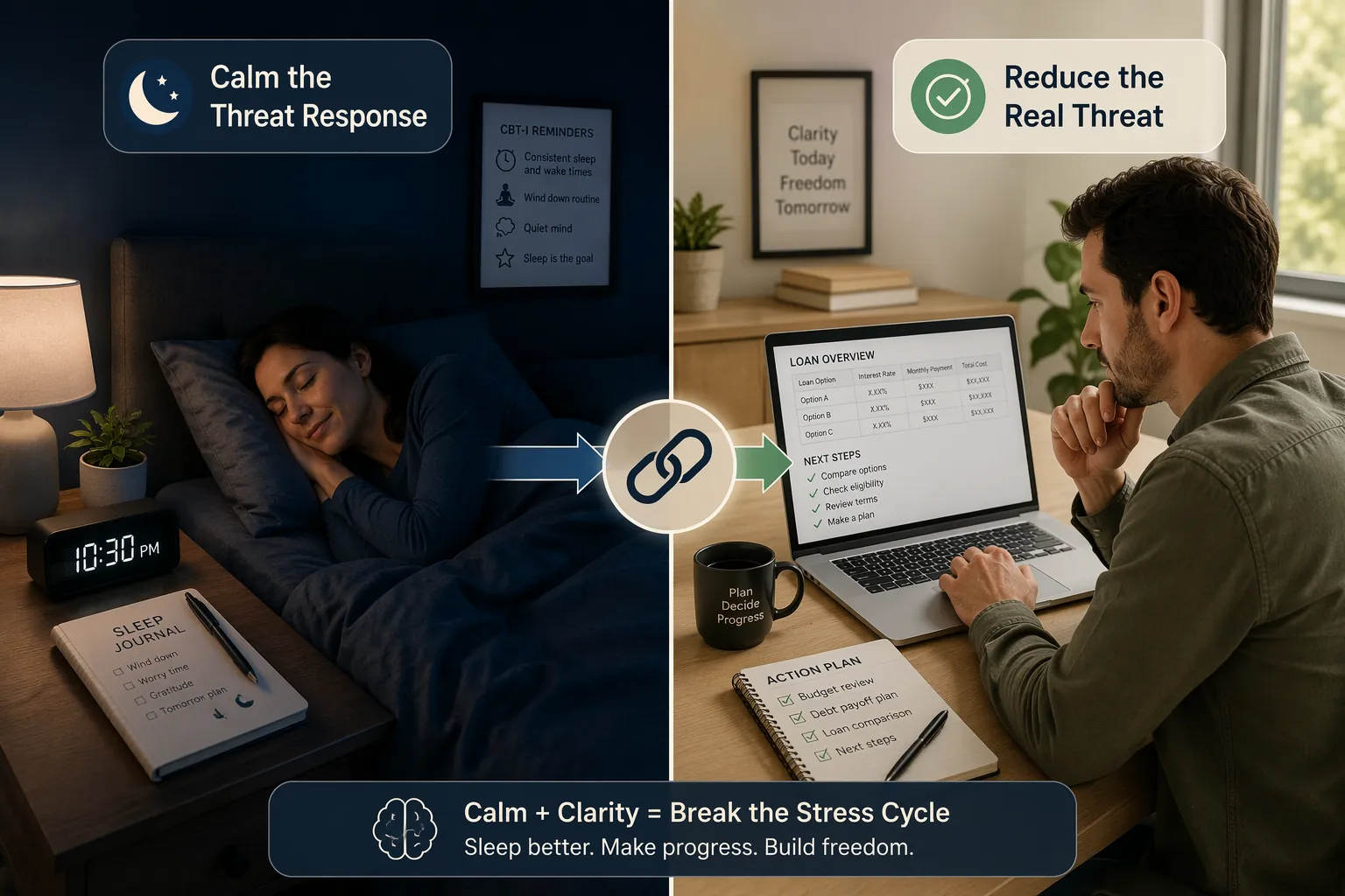 Split image showing calming the nighttime threat response and reviewing student loan documents during the day