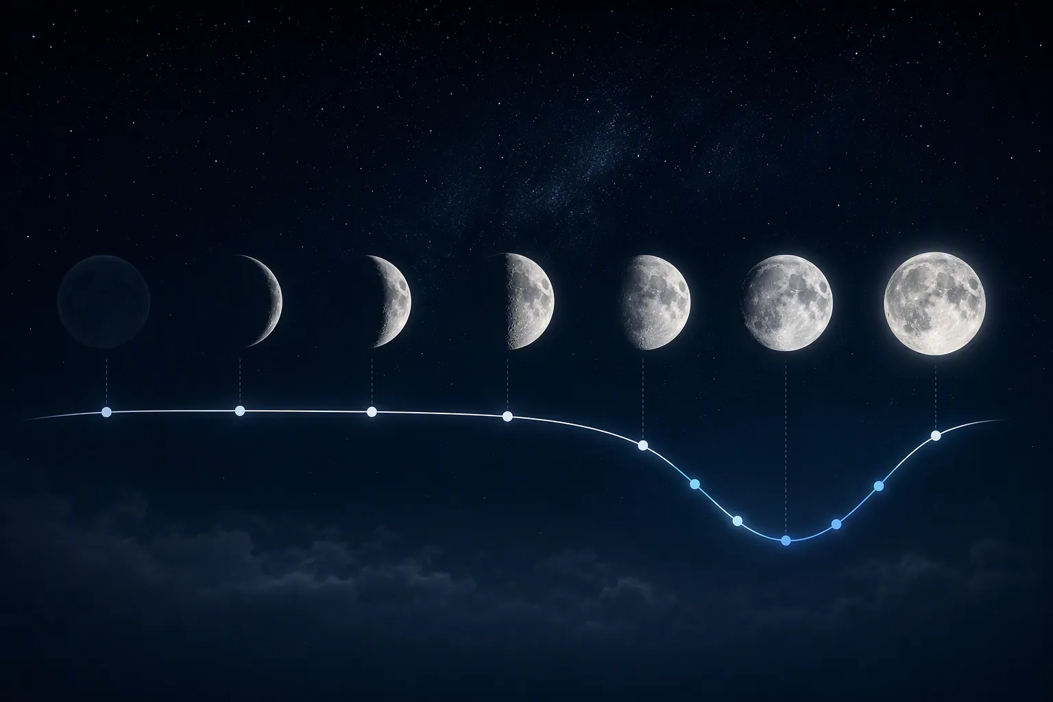 Lunar cycle timeline showing sleep quality dipping in the nights before the full moon